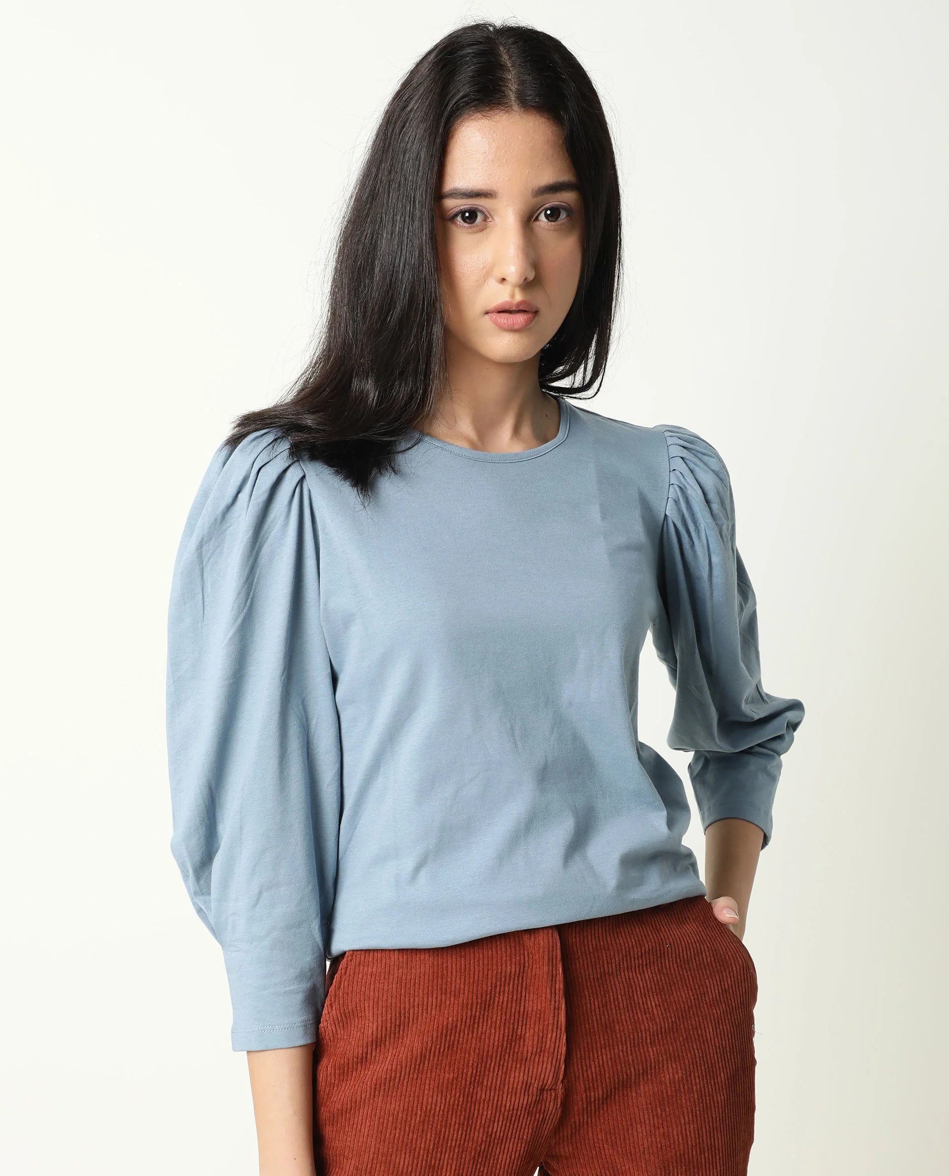 Rareism Women's Ballerina Blue Cotton Boat Neck Plain Knee Length Regular Fit Top