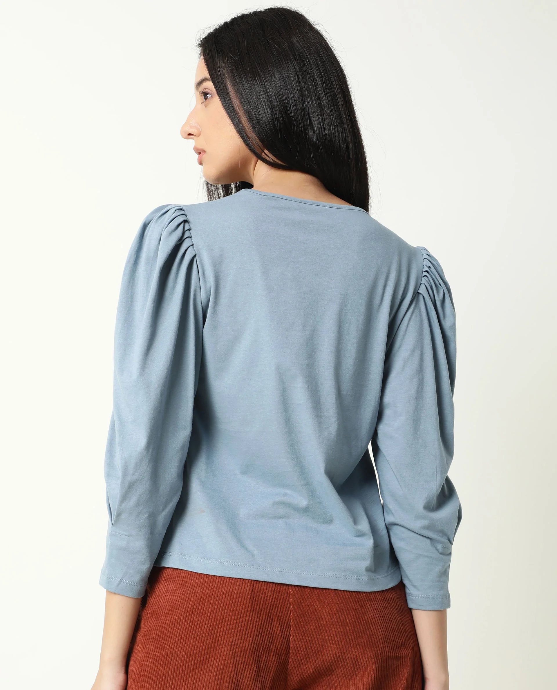 Rareism Women's Ballerina Blue Cotton Boat Neck Plain Knee Length Regular Fit Top - Image 10