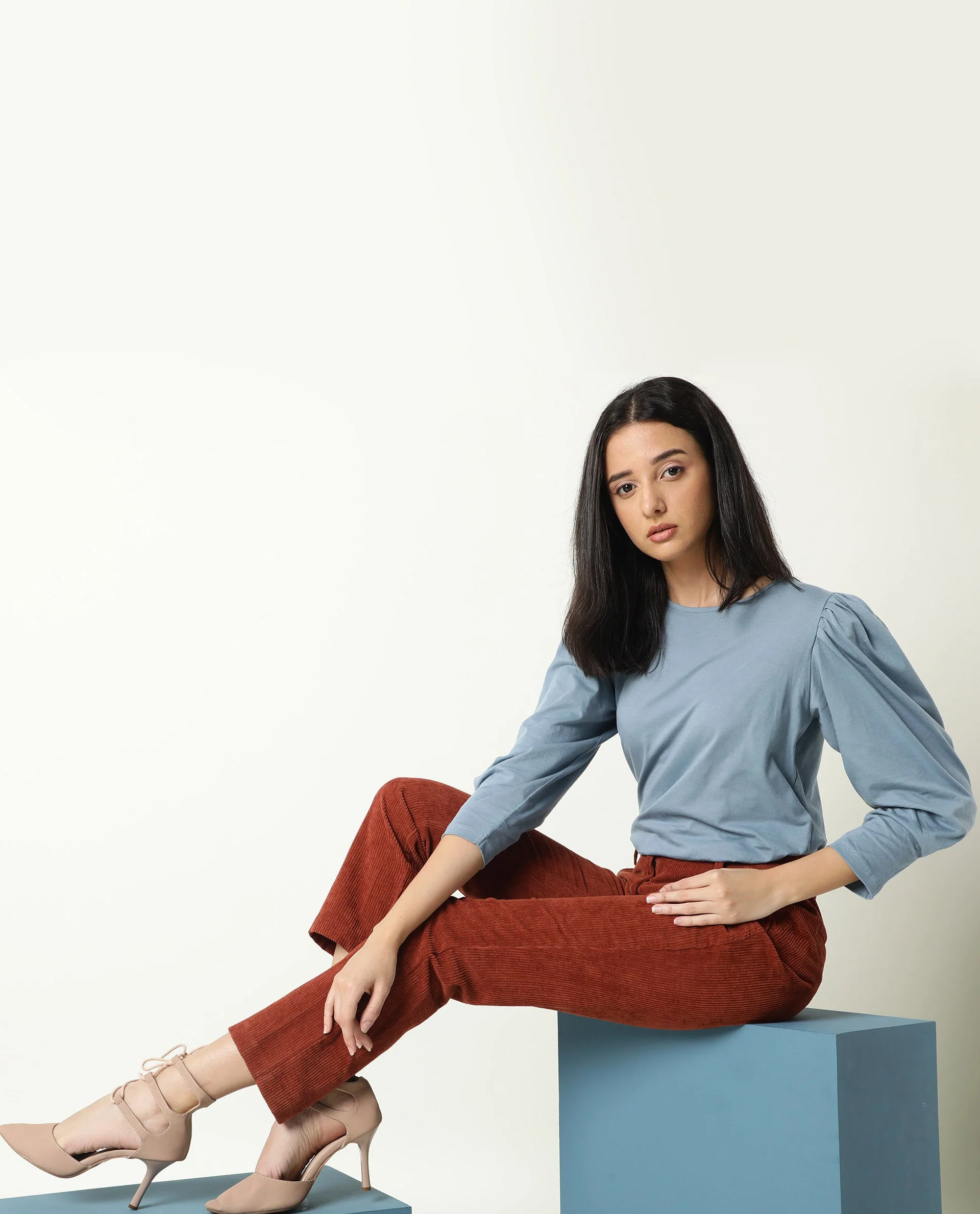 Rareism Women's Ballerina Blue Cotton Boat Neck Plain Knee Length Regular Fit Top - Image 2