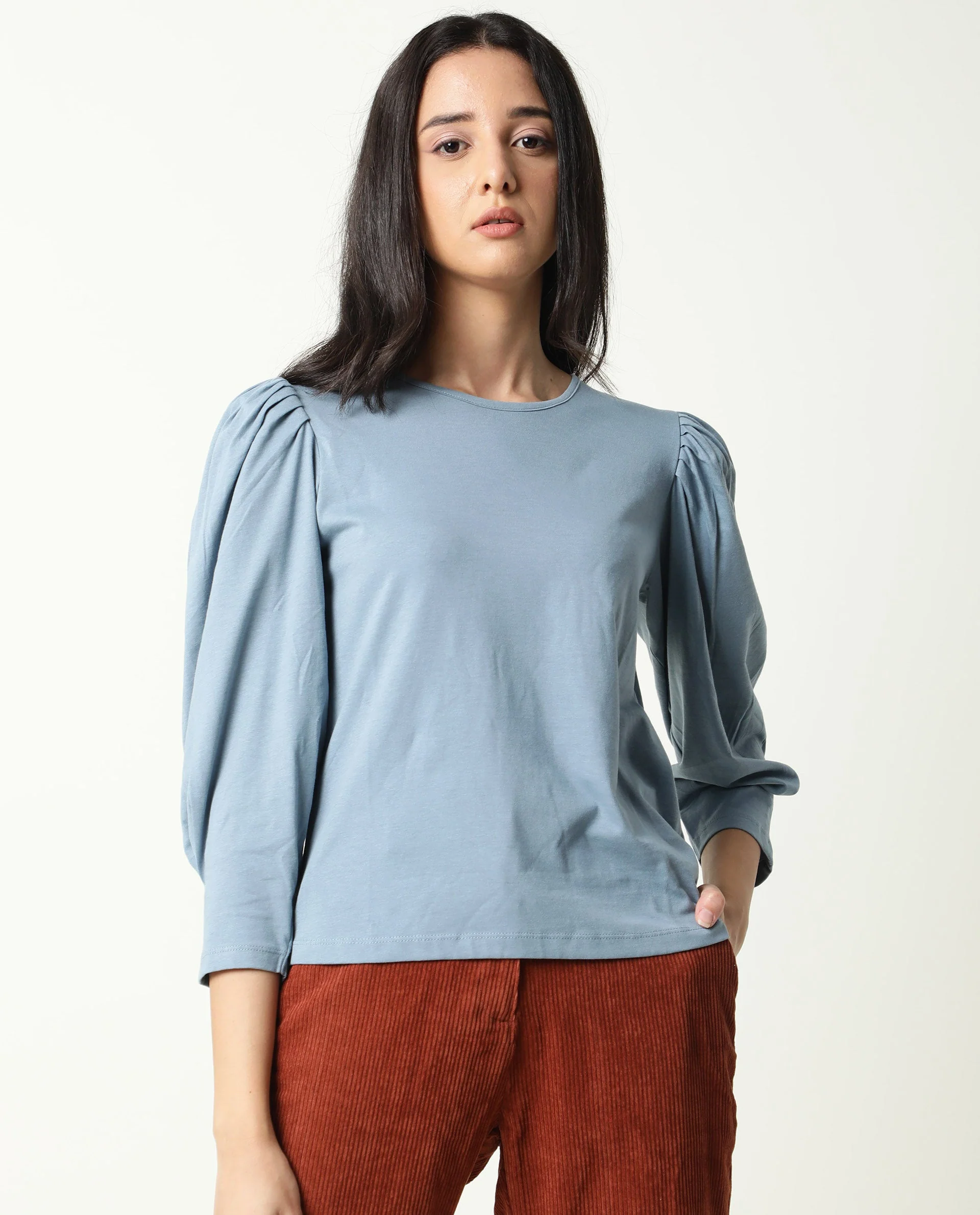 Rareism Women's Ballerina Blue Cotton Boat Neck Plain Knee Length Regular Fit Top - Image 4