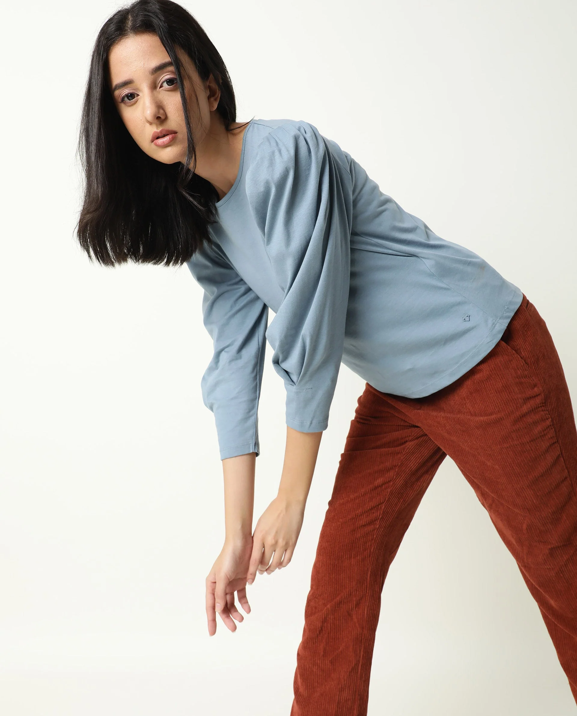 Rareism Women's Ballerina Blue Cotton Boat Neck Plain Knee Length Regular Fit Top - Image 5