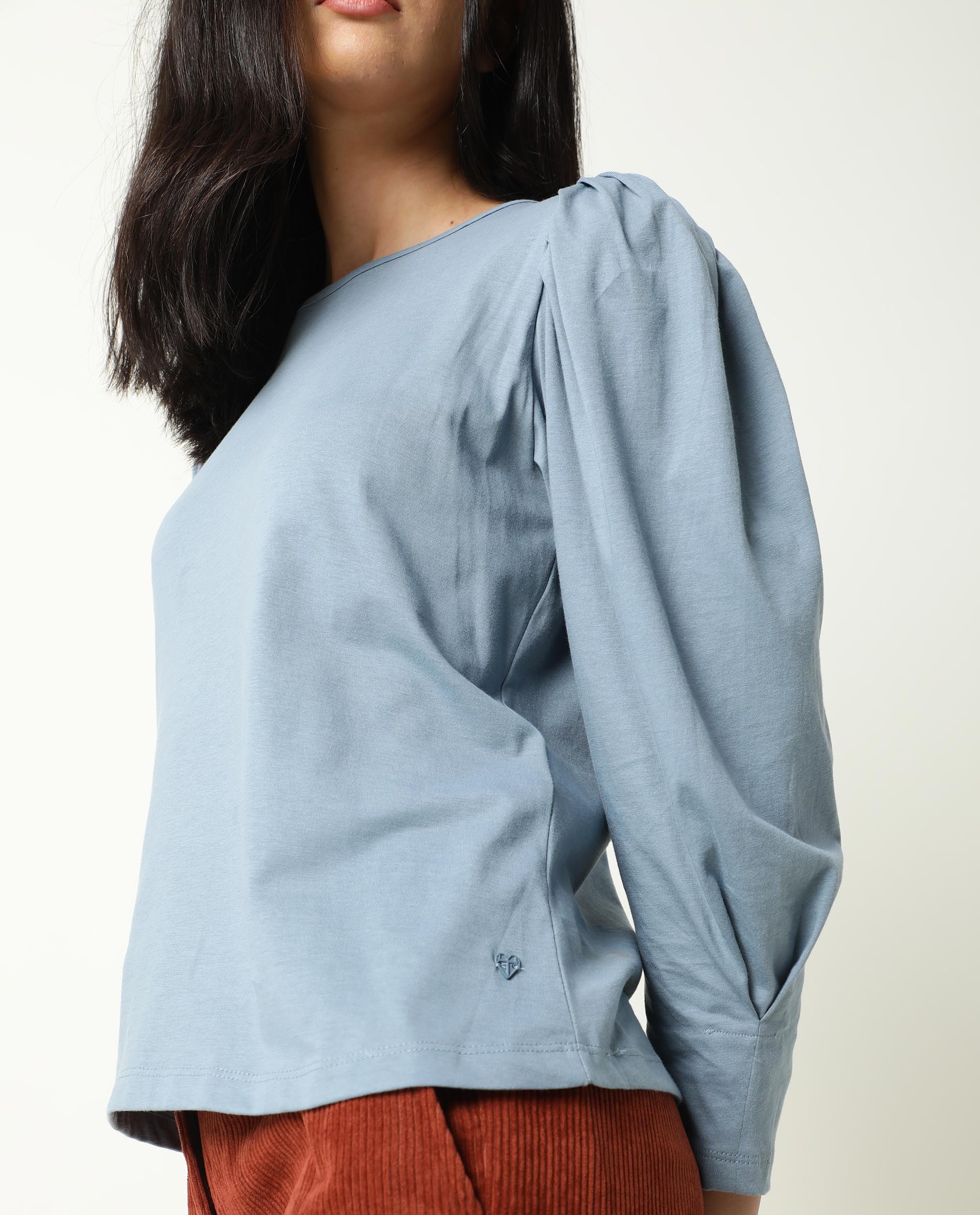 Rareism Women's Ballerina Blue Cotton Boat Neck Plain Knee Length Regular Fit Top - Image 6