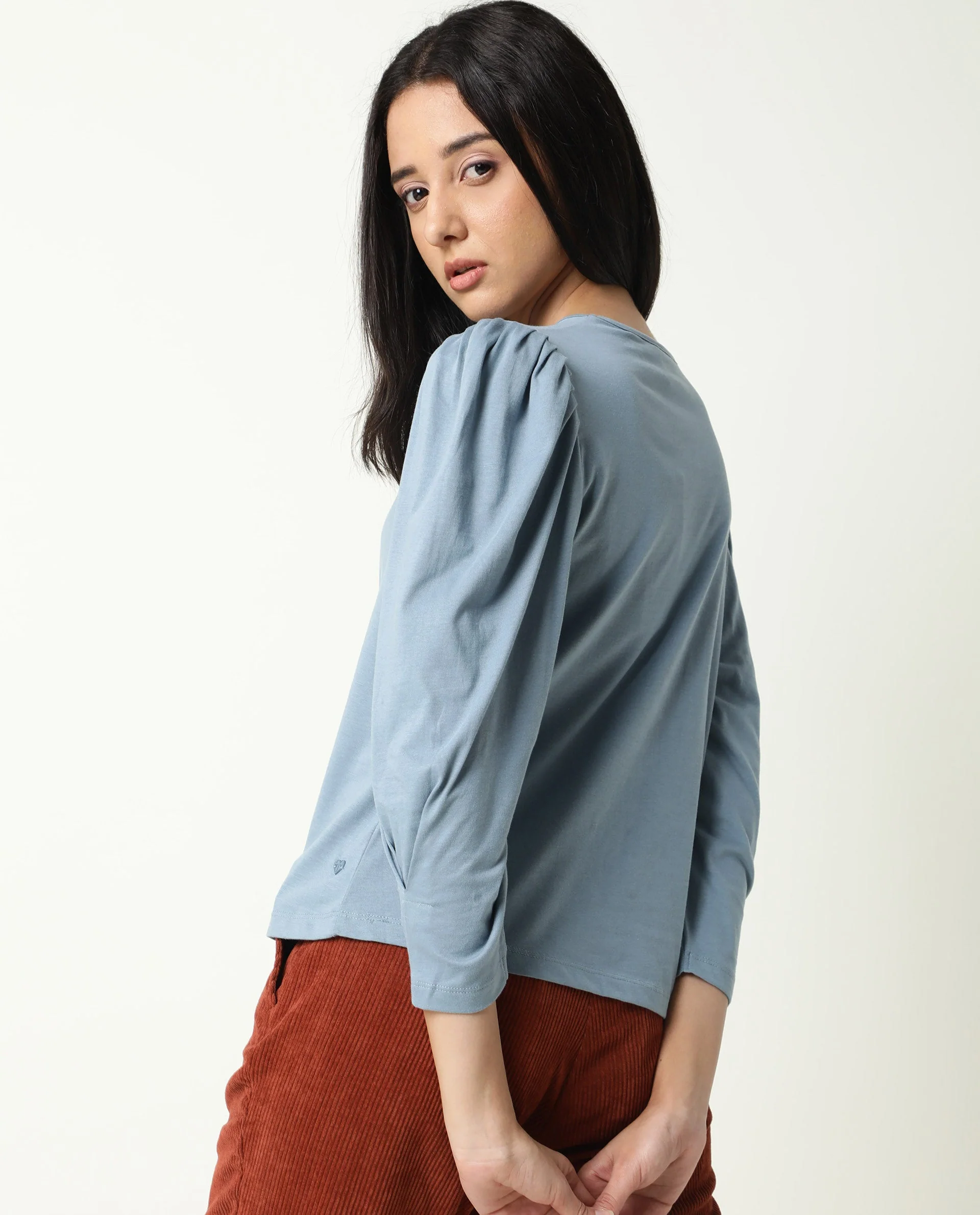 Rareism Women's Ballerina Blue Cotton Boat Neck Plain Knee Length Regular Fit Top - Image 8