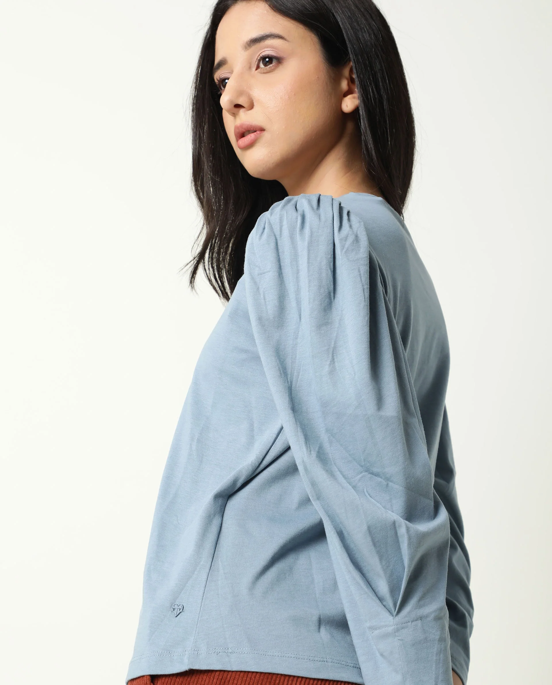 Rareism Women's Ballerina Blue Cotton Boat Neck Plain Knee Length Regular Fit Top - Image 9