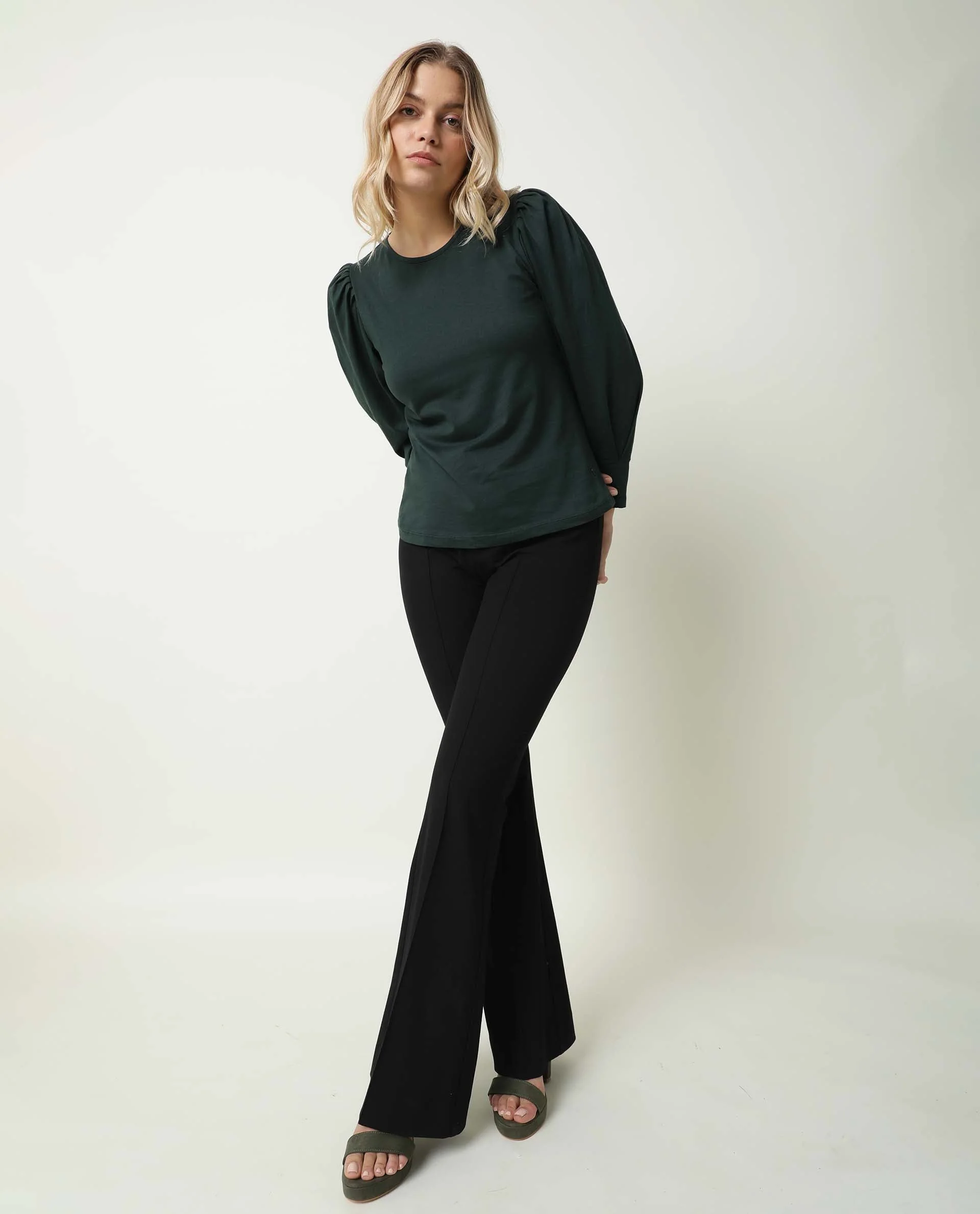 Rareism Women's Ballerina Green Cotton Boat Neck Plain Midi Length Regular Fit Top - Image 2