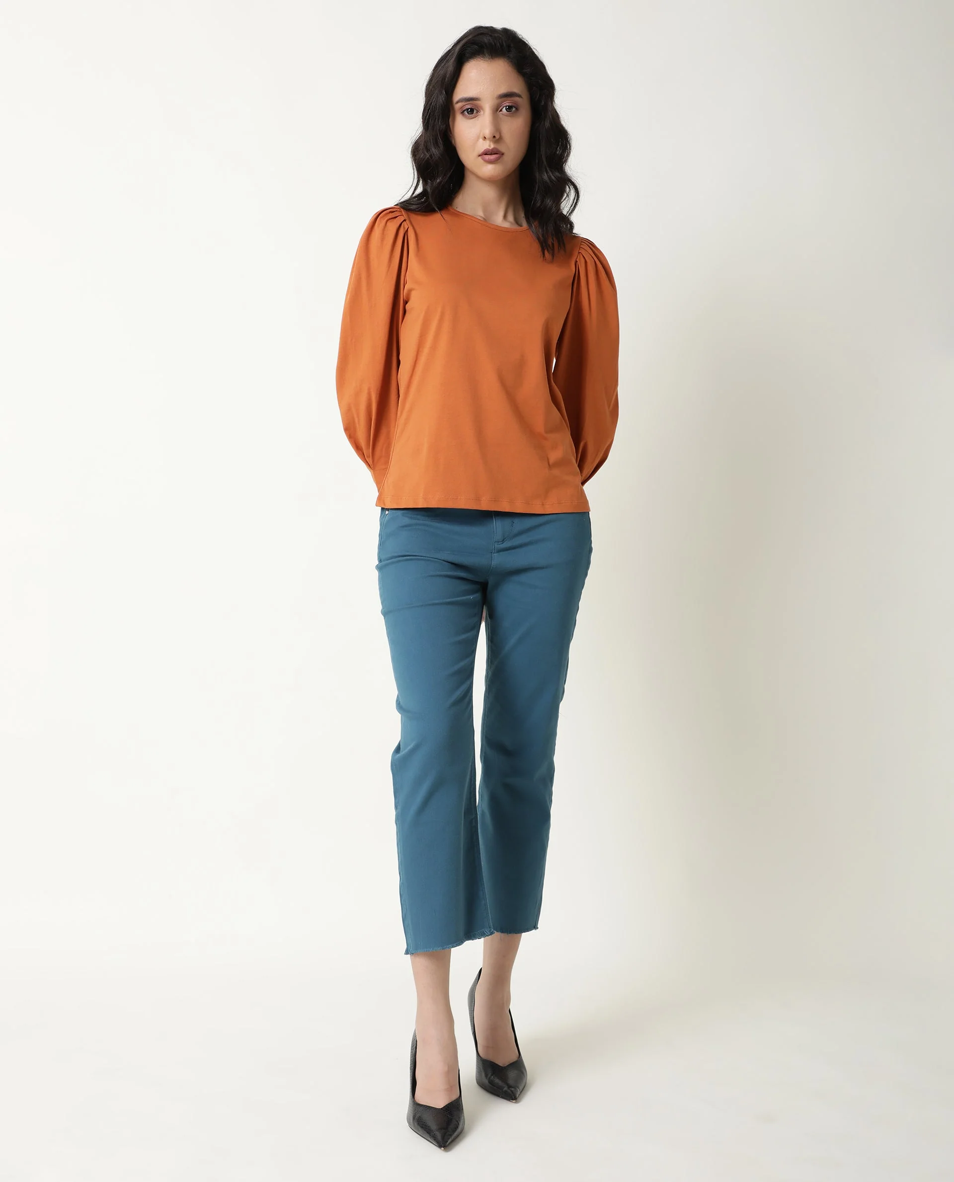 Rareism Women's Ballerina Orange Cotton Boat Neck Plain Midi Length Slim Fit Top - Image 2