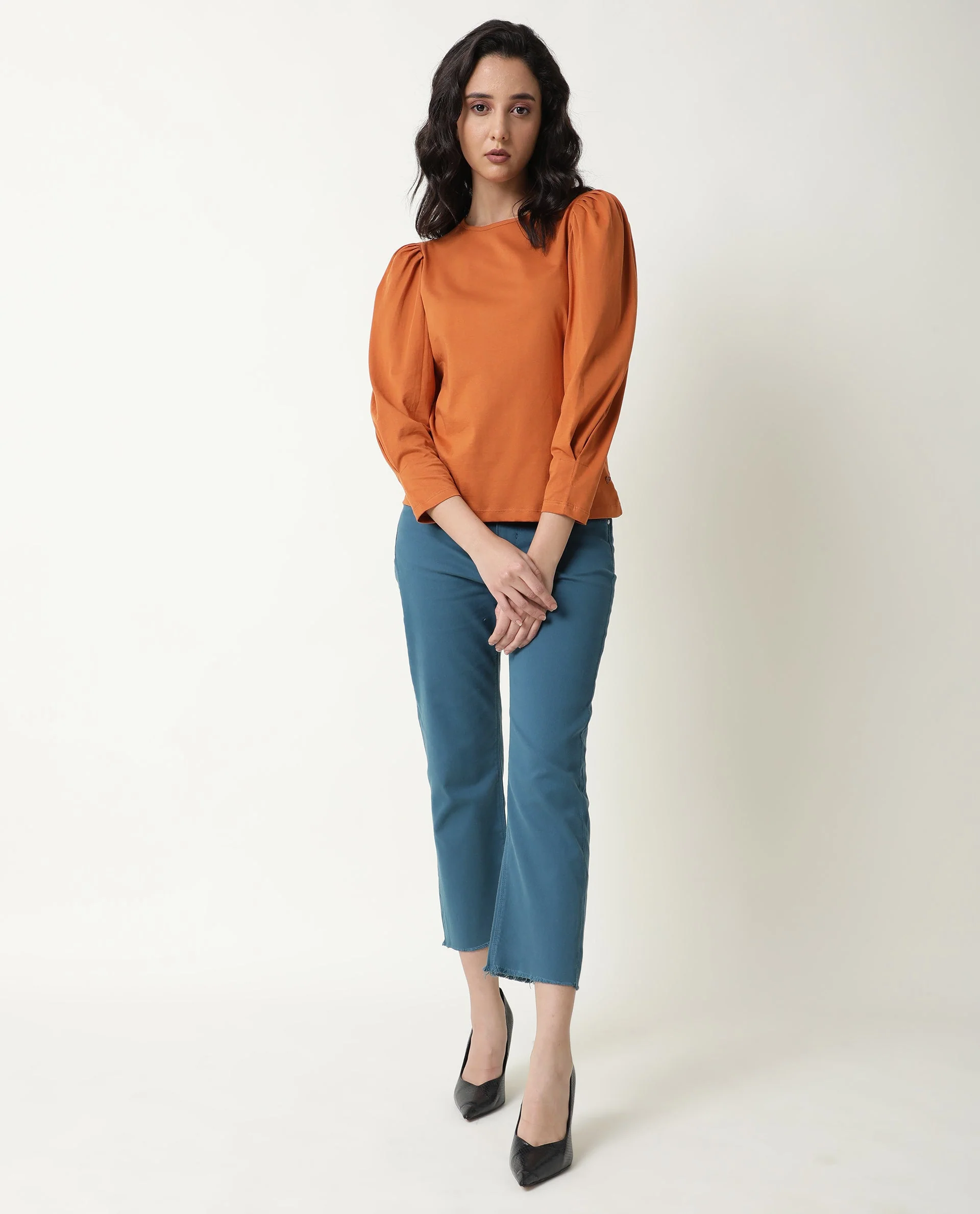 Rareism Women's Ballerina Orange Cotton Boat Neck Plain Midi Length Slim Fit Top - Image 3