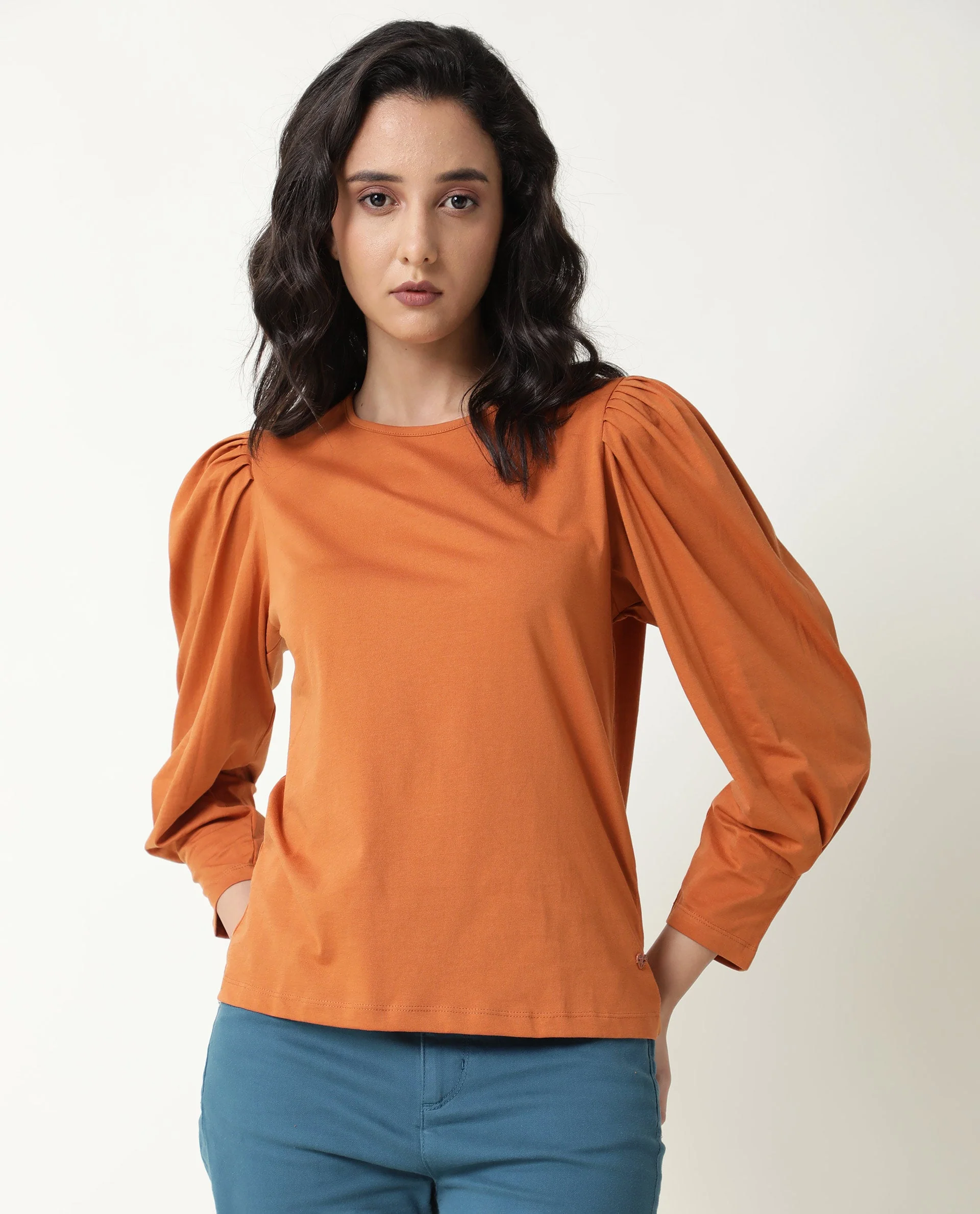 Rareism Women's Ballerina Orange Cotton Boat Neck Plain Midi Length Slim Fit Top - Image 4