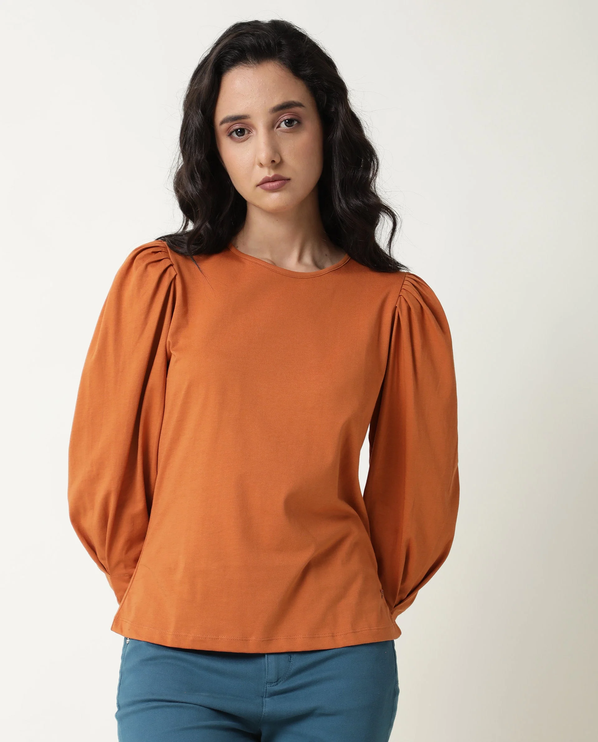 Rareism Women's Ballerina Orange Cotton Boat Neck Plain Midi Length Slim Fit Top - Image 5