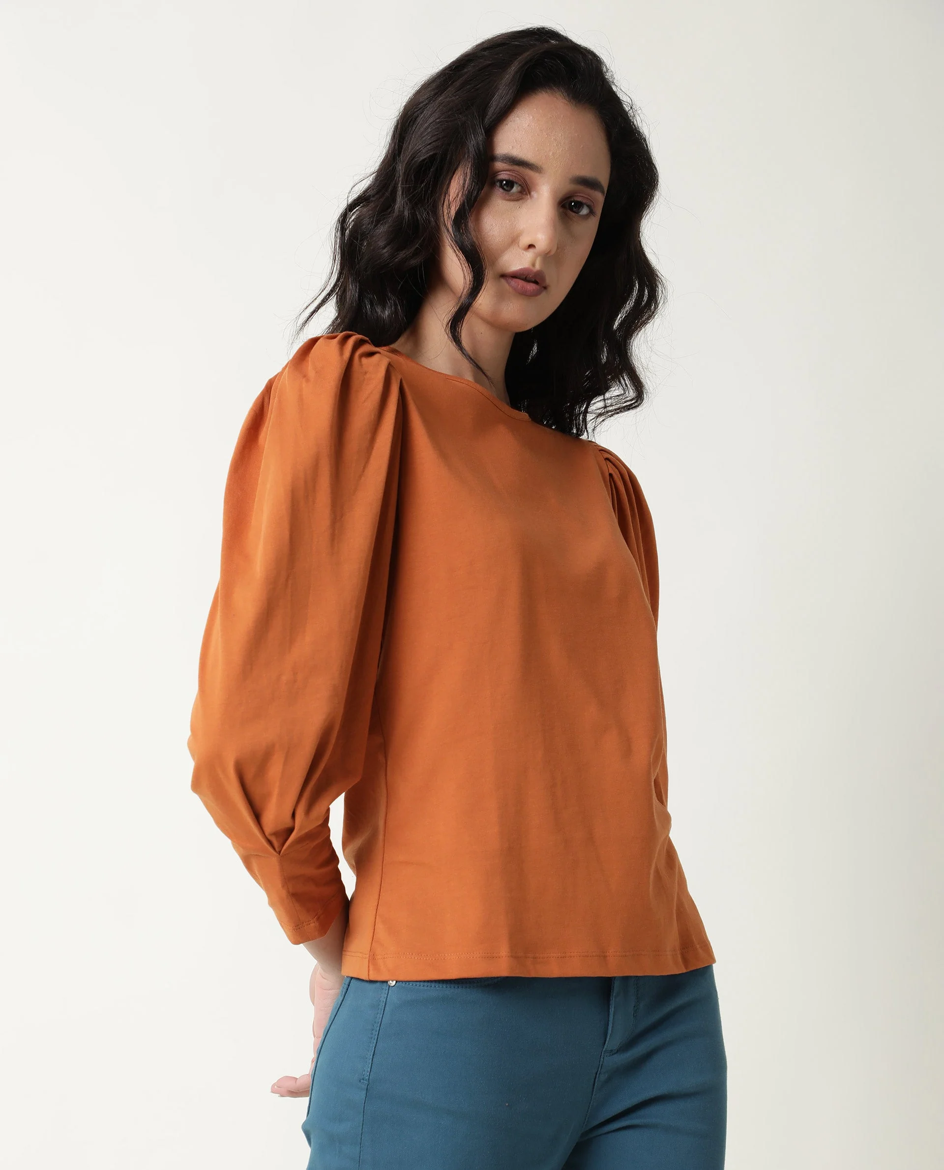 Rareism Women's Ballerina Orange Cotton Boat Neck Plain Midi Length Slim Fit Top - Image 6