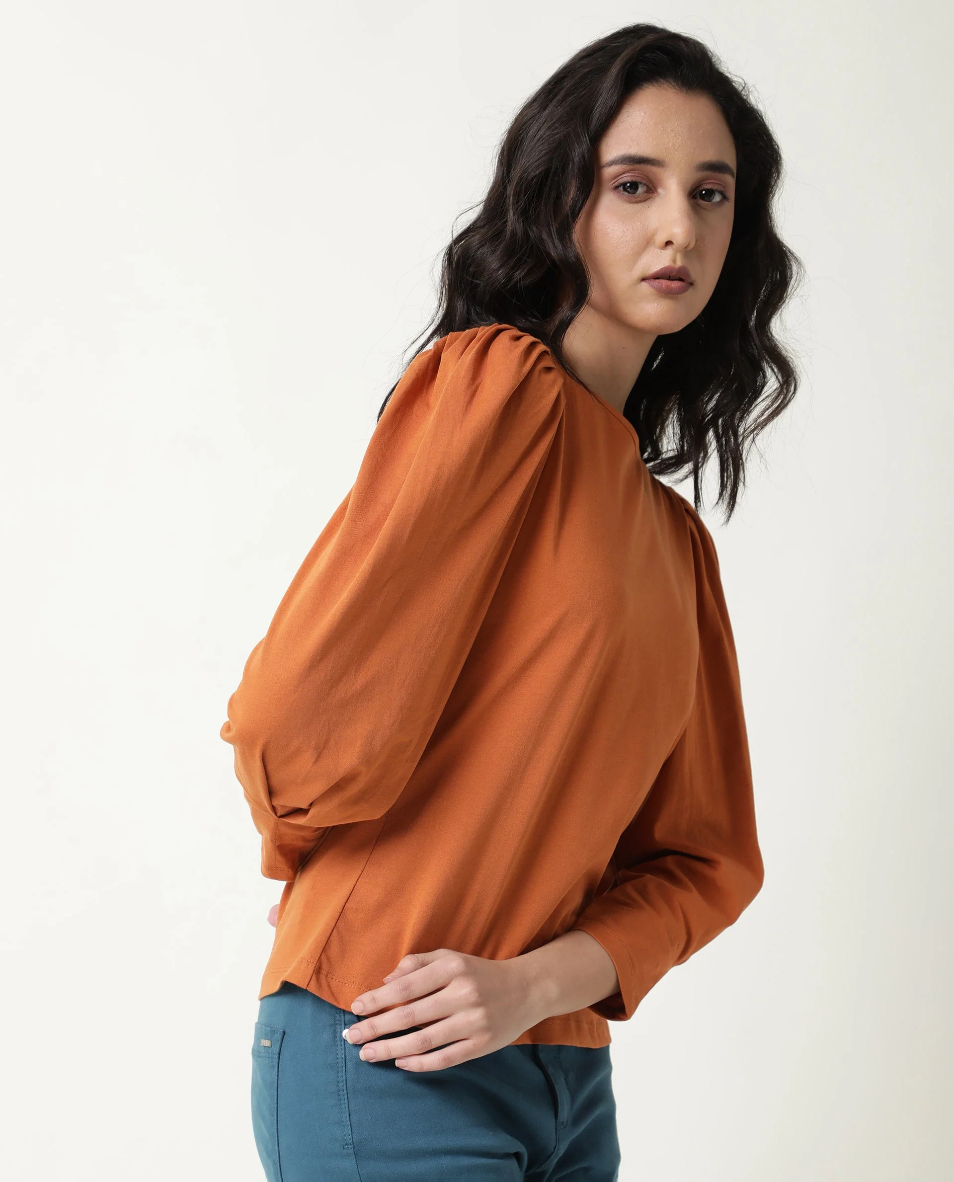 Rareism Women's Ballerina Orange Cotton Boat Neck Plain Midi Length Slim Fit Top - Image 7