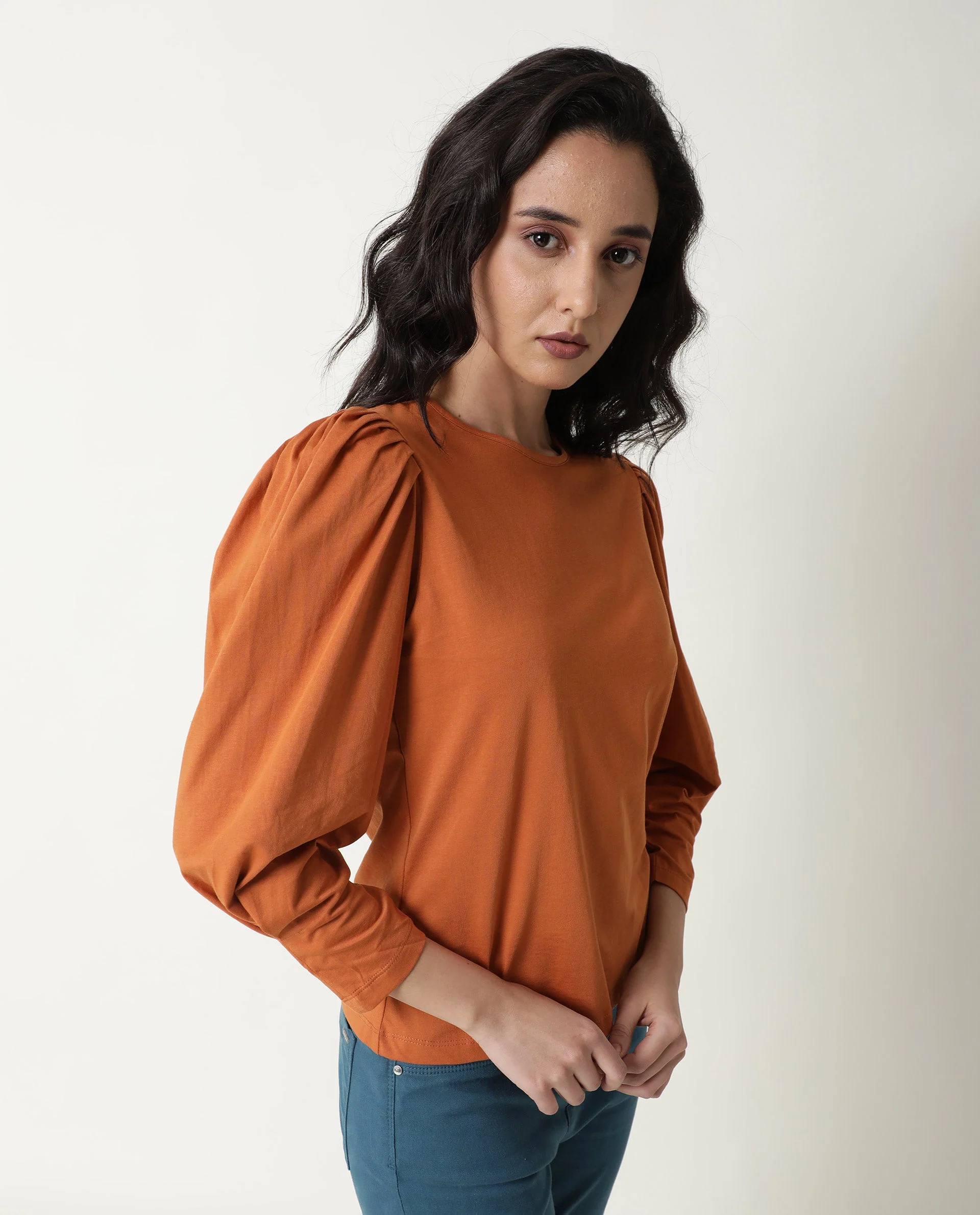 Rareism Women's Ballerina Orange Cotton Boat Neck Plain Midi Length Slim Fit Top - Image 8