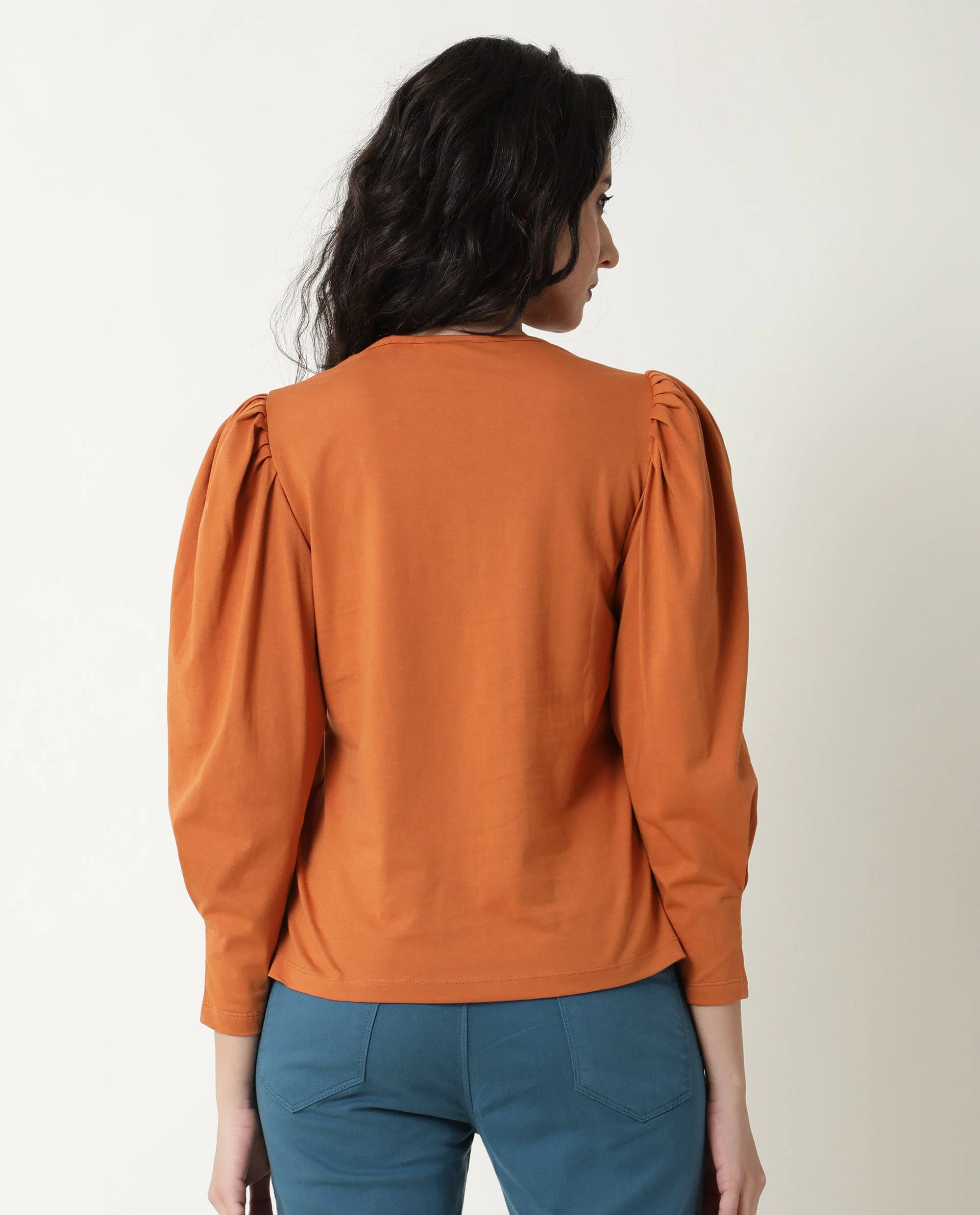 Rareism Women's Ballerina Orange Cotton Boat Neck Plain Midi Length Slim Fit Top - Image 9