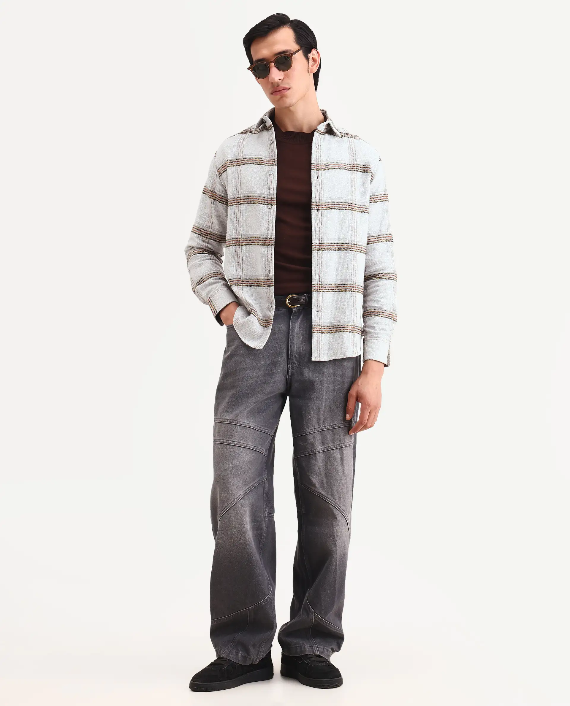 Rare Rabbit Men's Balo Light Grey Cotton Blend Fabric Full Sleeve Spread Collar Regular Fit Checked Shirt - Image 2