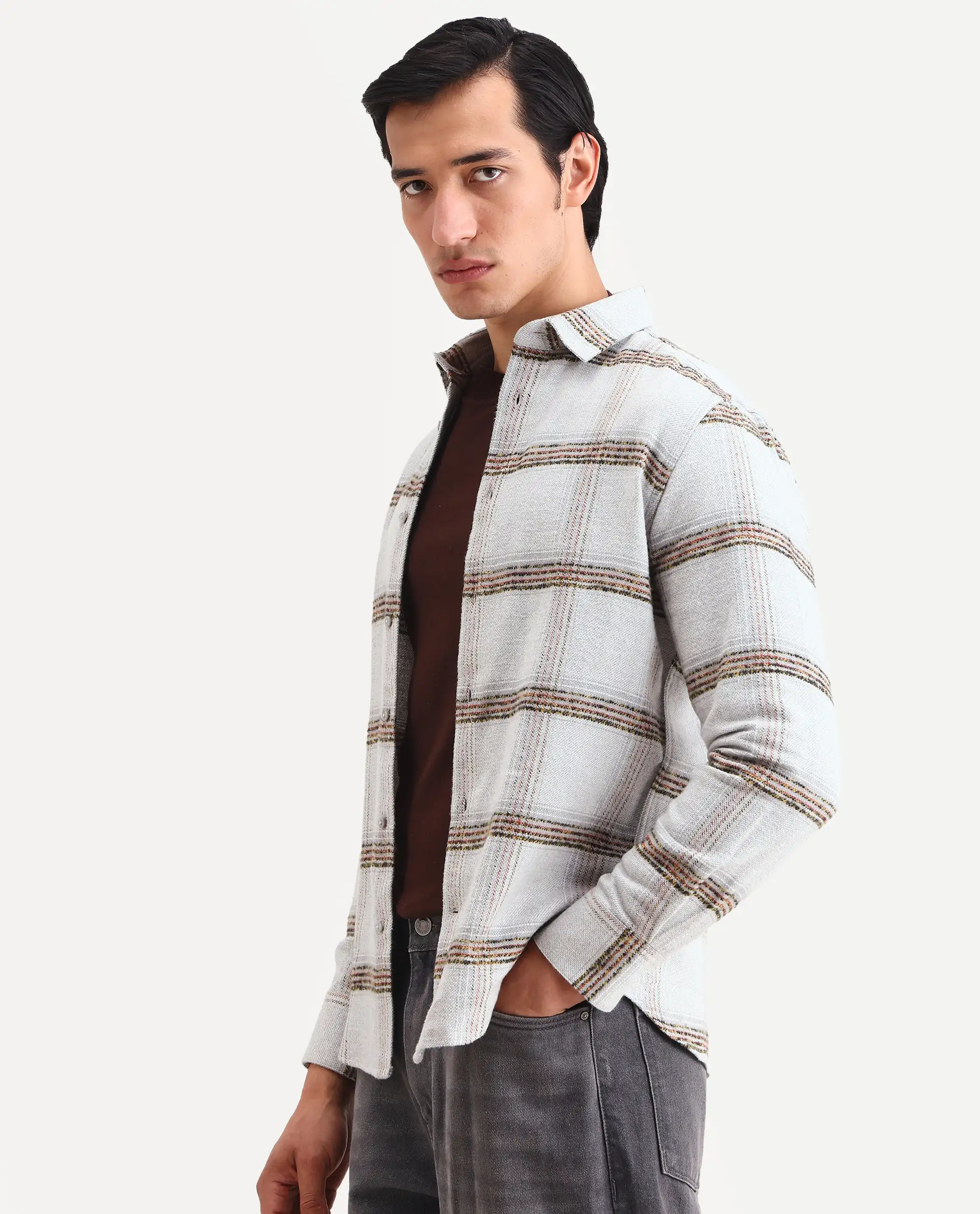 Rare Rabbit Men's Balo Light Grey Cotton Blend Fabric Full Sleeve Spread Collar Regular Fit Checked Shirt - Image 4