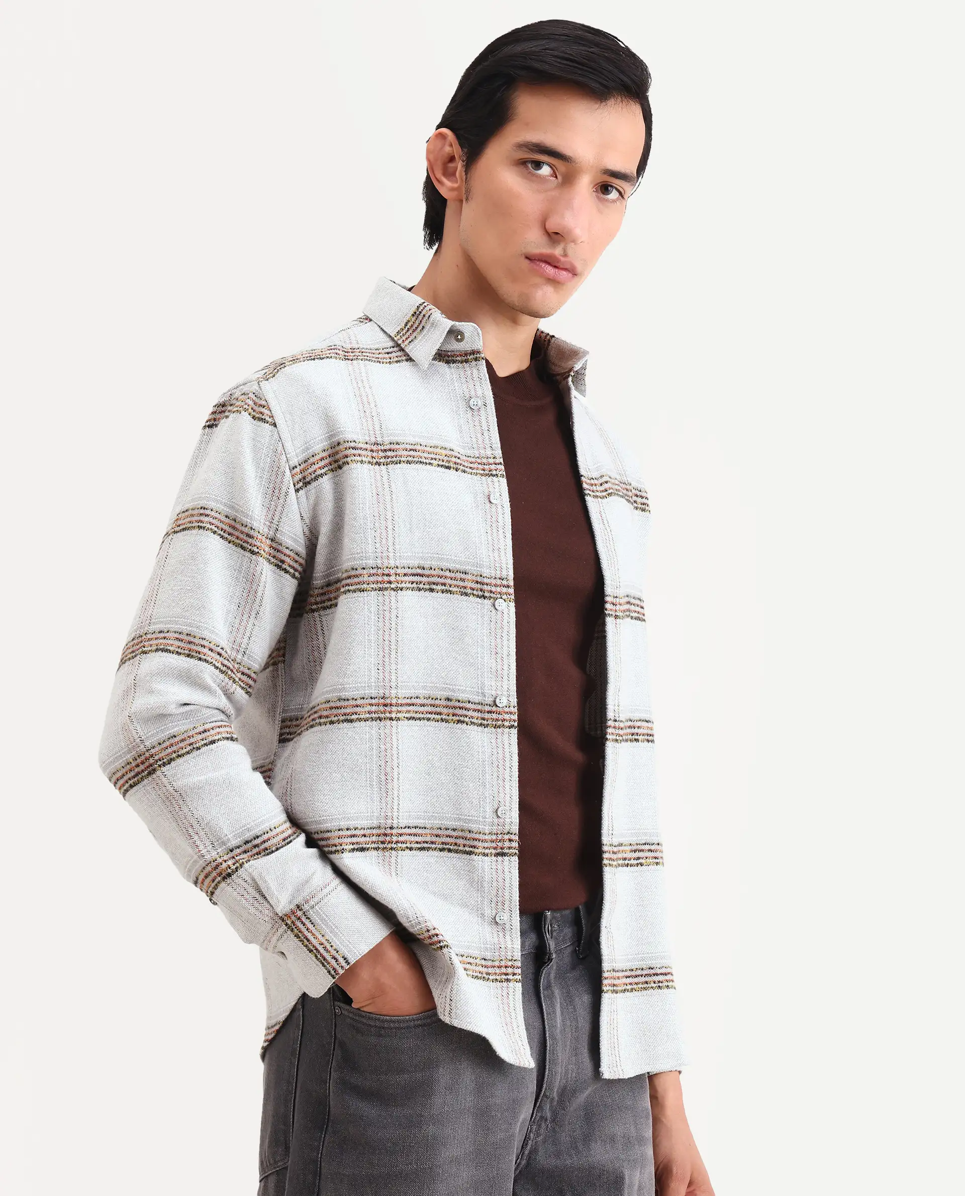 Rare Rabbit Men's Balo Light Grey Cotton Blend Fabric Full Sleeve Spread Collar Regular Fit Checked Shirt - Image 5