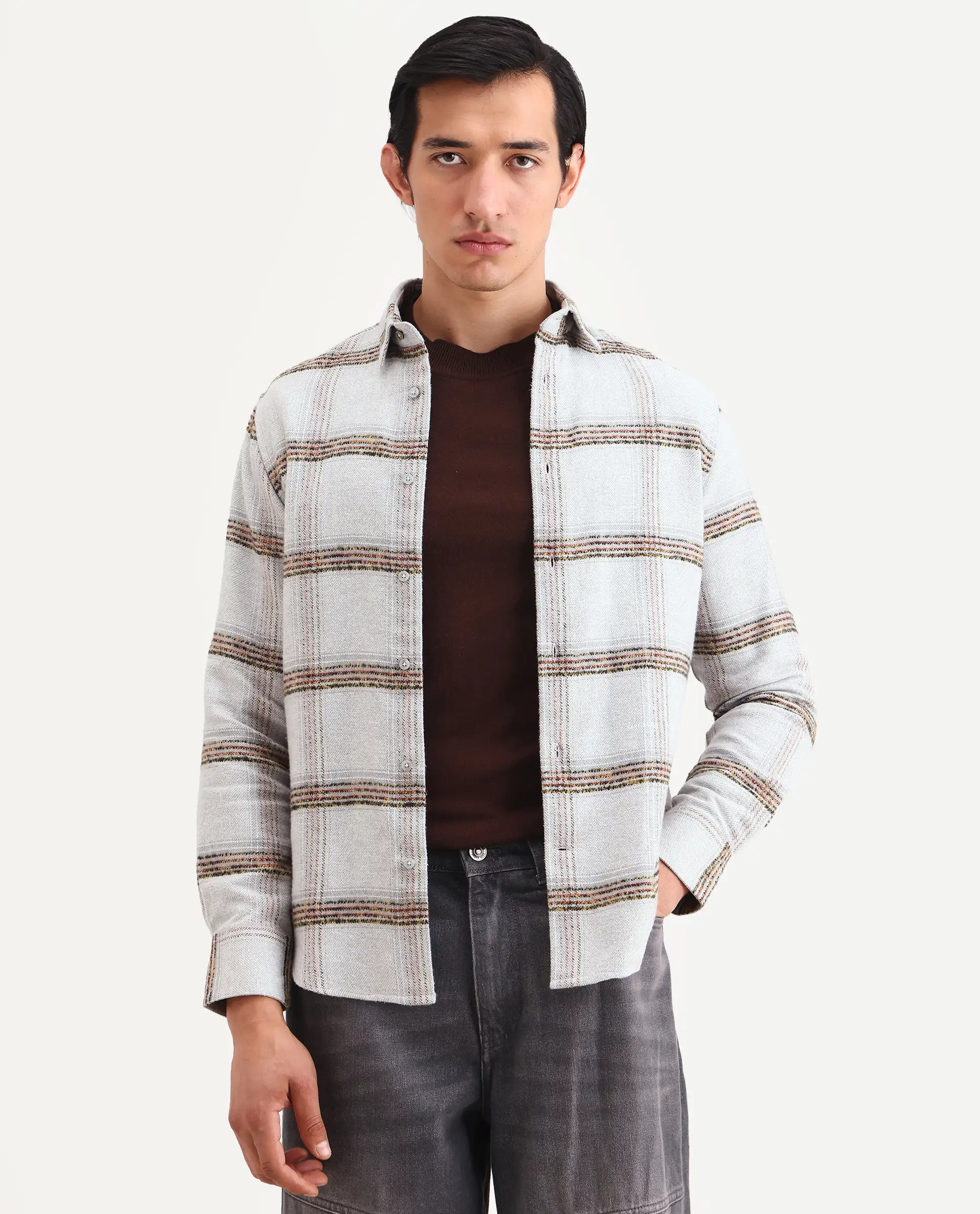 Rare Rabbit Men's Balo Light Grey Cotton Blend Fabric Full Sleeve Spread Collar Regular Fit Checked Shirt - Image 6