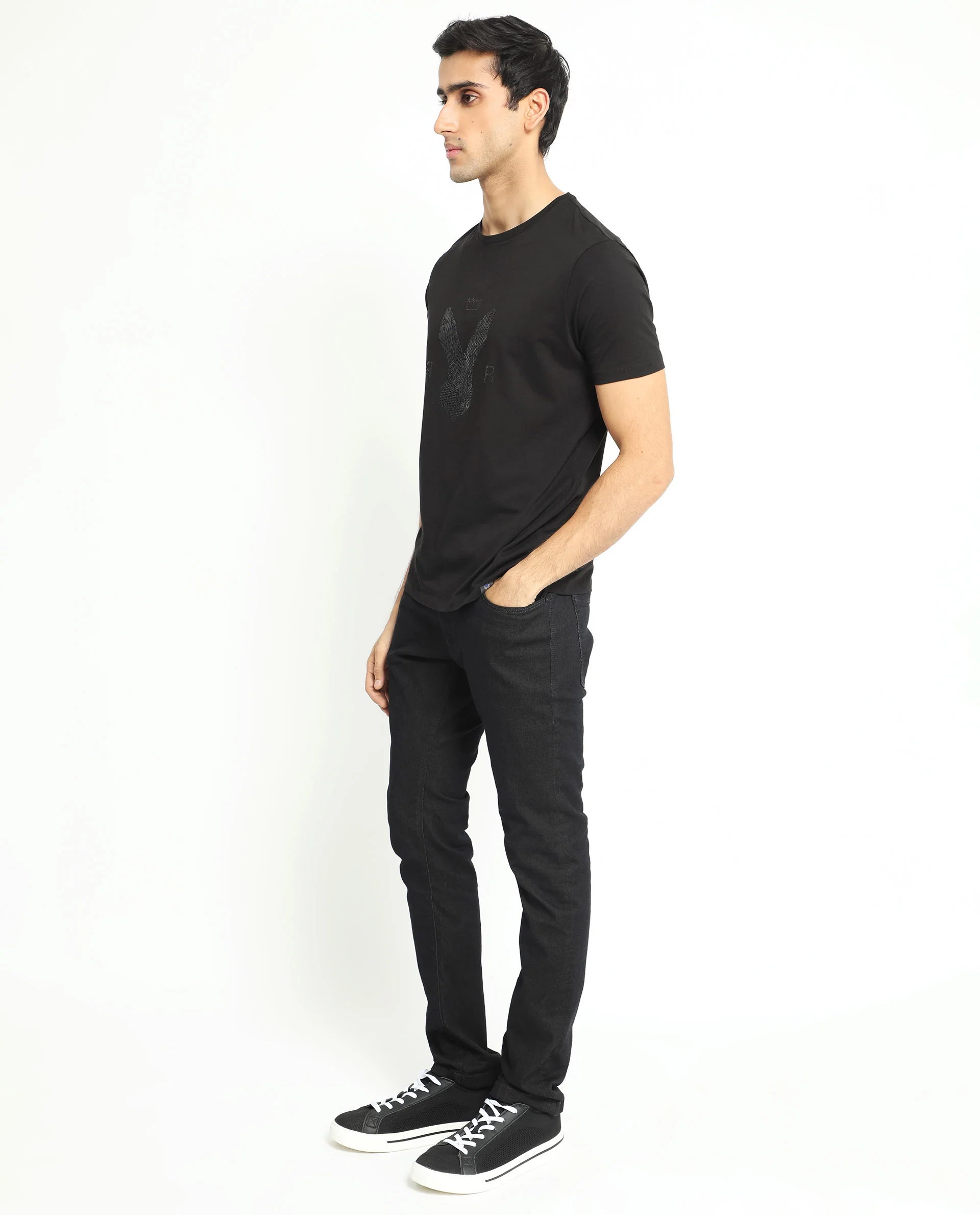 Rare Rabbit Men's Balta Black Cotton Graphic Print Slim Fit Half Sleeve Crew Neck T-Shirt - Image 10