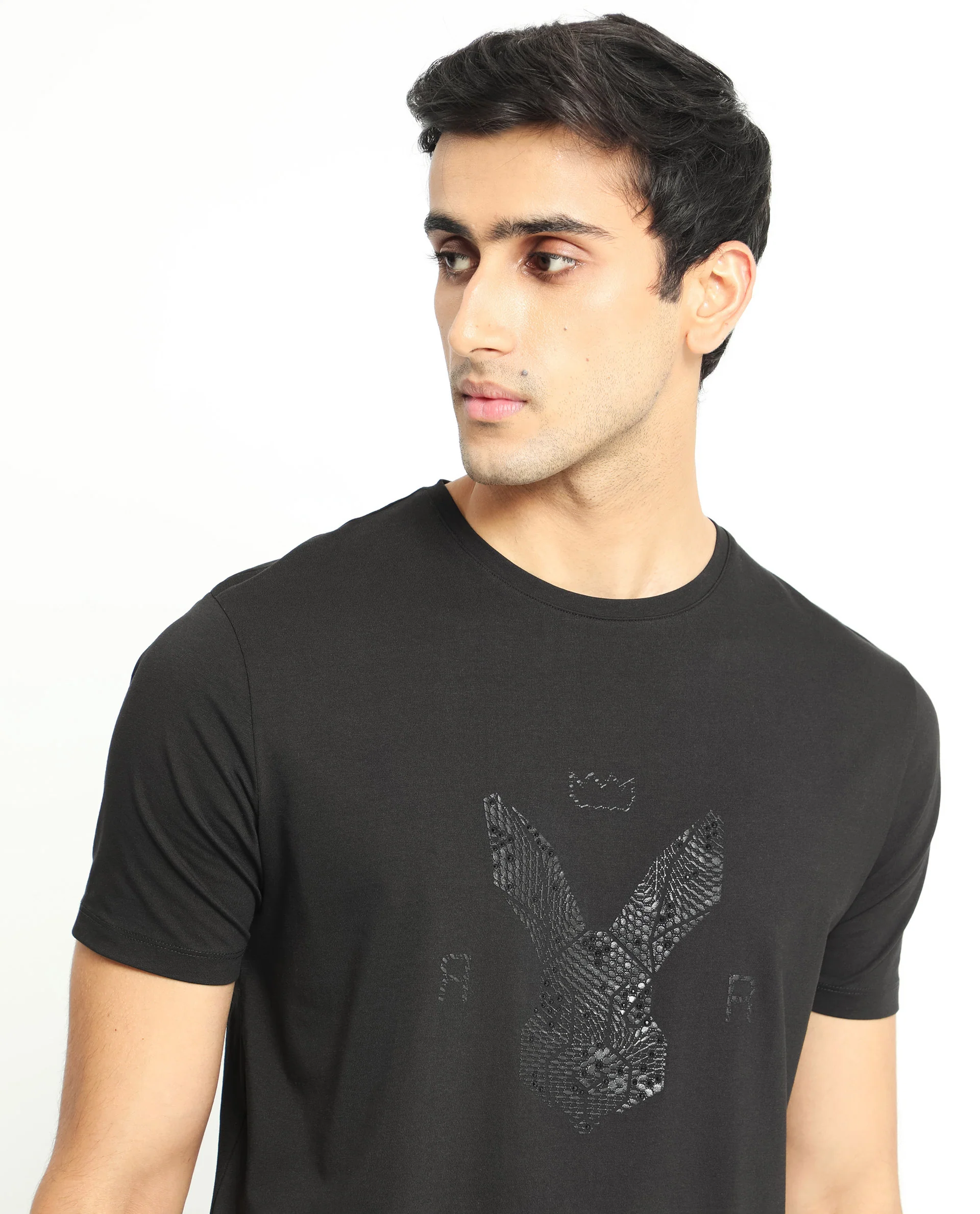 Rare Rabbit Men's Balta Black Cotton Graphic Print Slim Fit Half Sleeve Crew Neck T-Shirt - Image 2