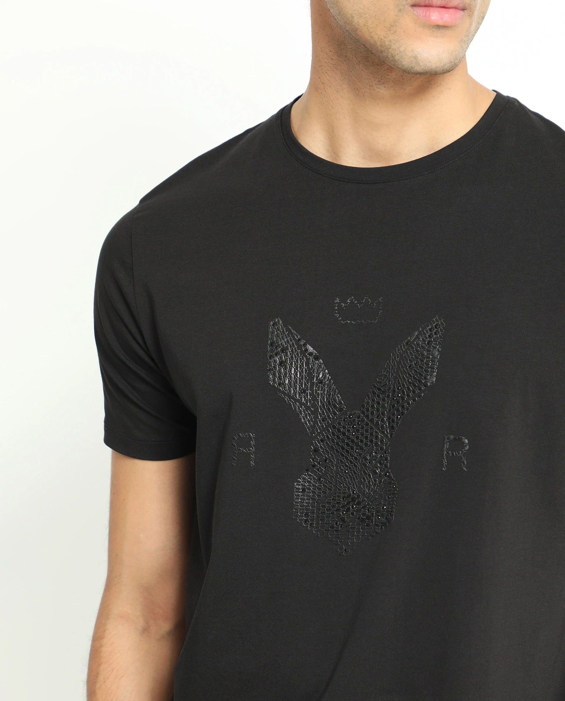 Rare Rabbit Men's Balta Black Cotton Graphic Print Slim Fit Half Sleeve Crew Neck T-Shirt - Image 3