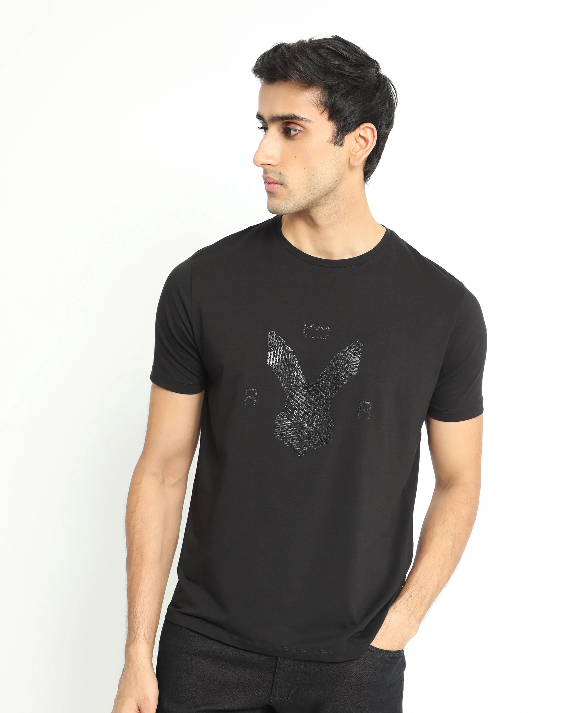 Rare Rabbit Men's Balta Black Cotton Graphic Print Slim Fit Half Sleeve Crew Neck T-Shirt - Image 4