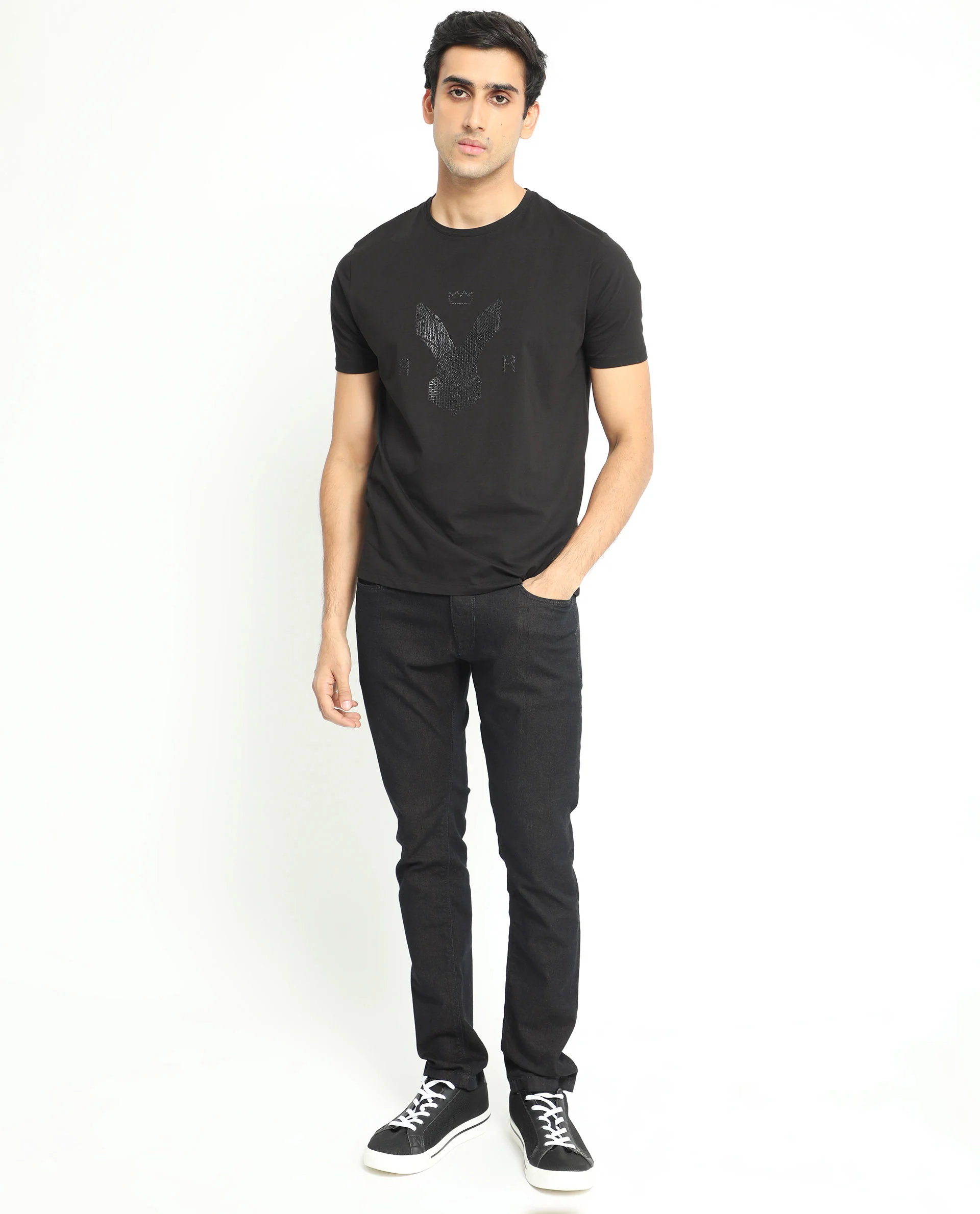 Rare Rabbit Men's Balta Black Cotton Graphic Print Slim Fit Half Sleeve Crew Neck T-Shirt - Image 5