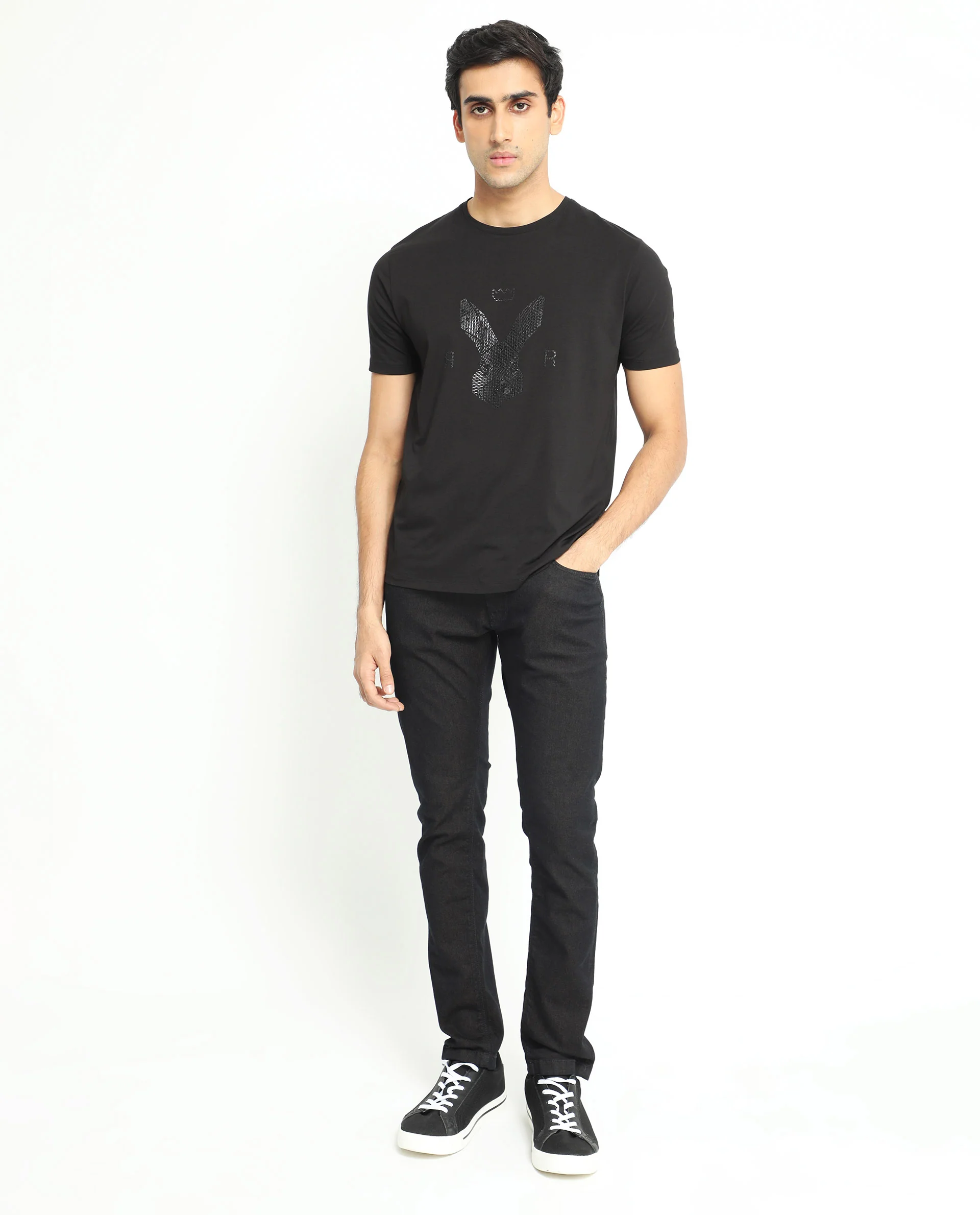 Rare Rabbit Men's Balta Black Cotton Graphic Print Slim Fit Half Sleeve Crew Neck T-Shirt - Image 6