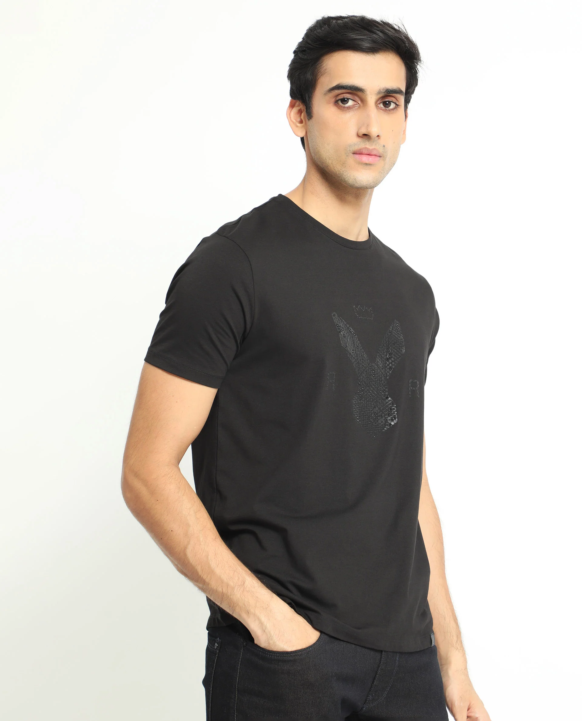 Rare Rabbit Men's Balta Black Cotton Graphic Print Slim Fit Half Sleeve Crew Neck T-Shirt - Image 7
