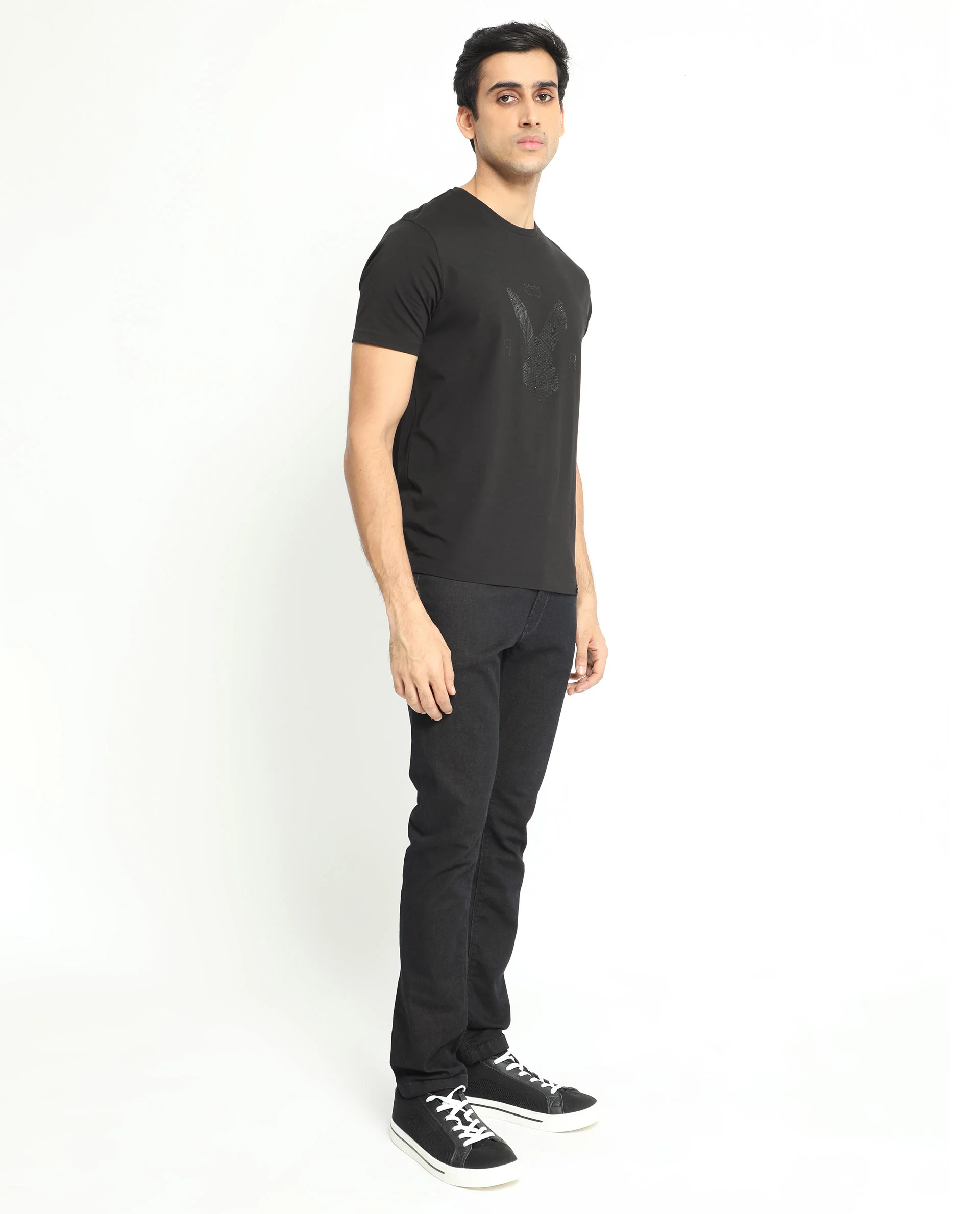 Rare Rabbit Men's Balta Black Cotton Graphic Print Slim Fit Half Sleeve Crew Neck T-Shirt - Image 8