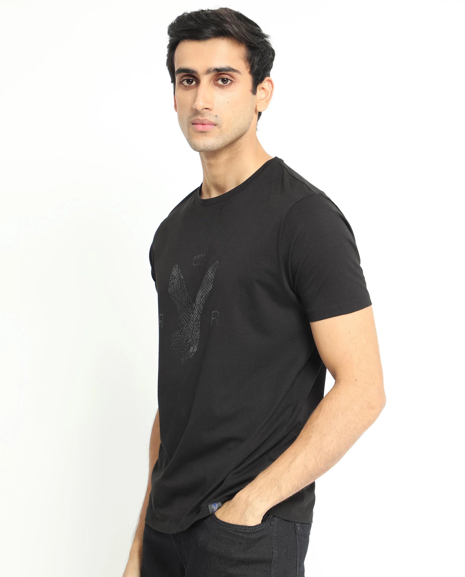 Rare Rabbit Men's Balta Black Cotton Graphic Print Slim Fit Half Sleeve Crew Neck T-Shirt - Image 9