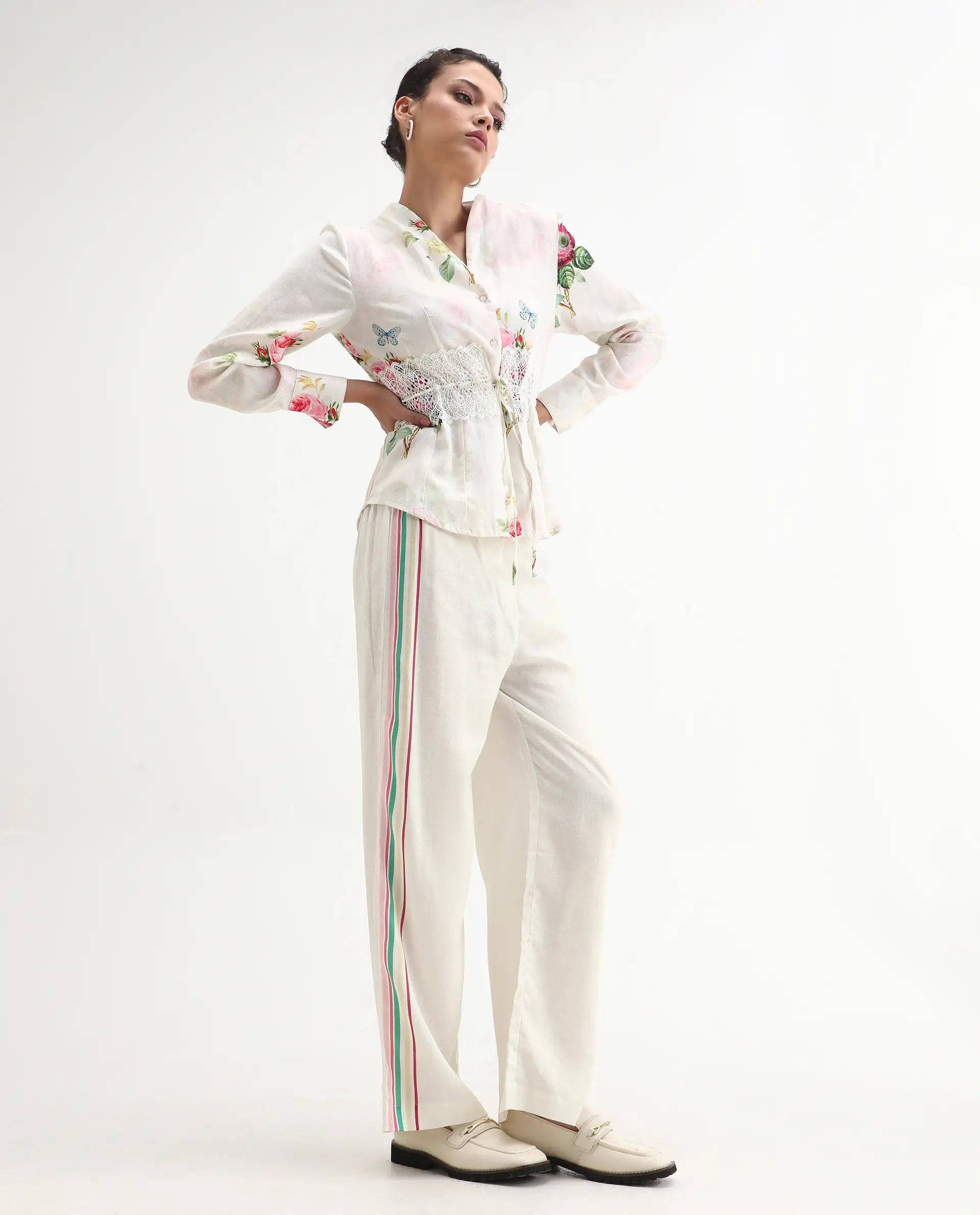 Rareism Women's Banche-B Off White Cotton Blend Floral Print Ankle Length Straight Fit Trouser