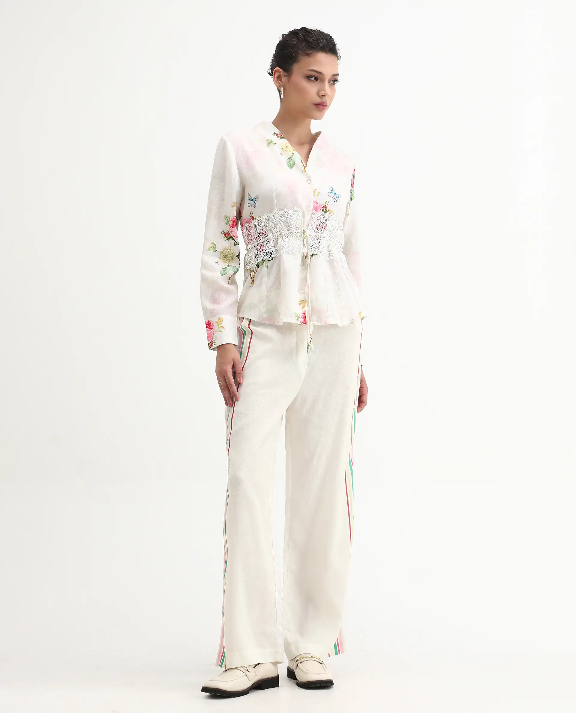 Rareism Women's Banche-B Off White Cotton Blend Floral Print Ankle Length Straight Fit Trouser - Image 4
