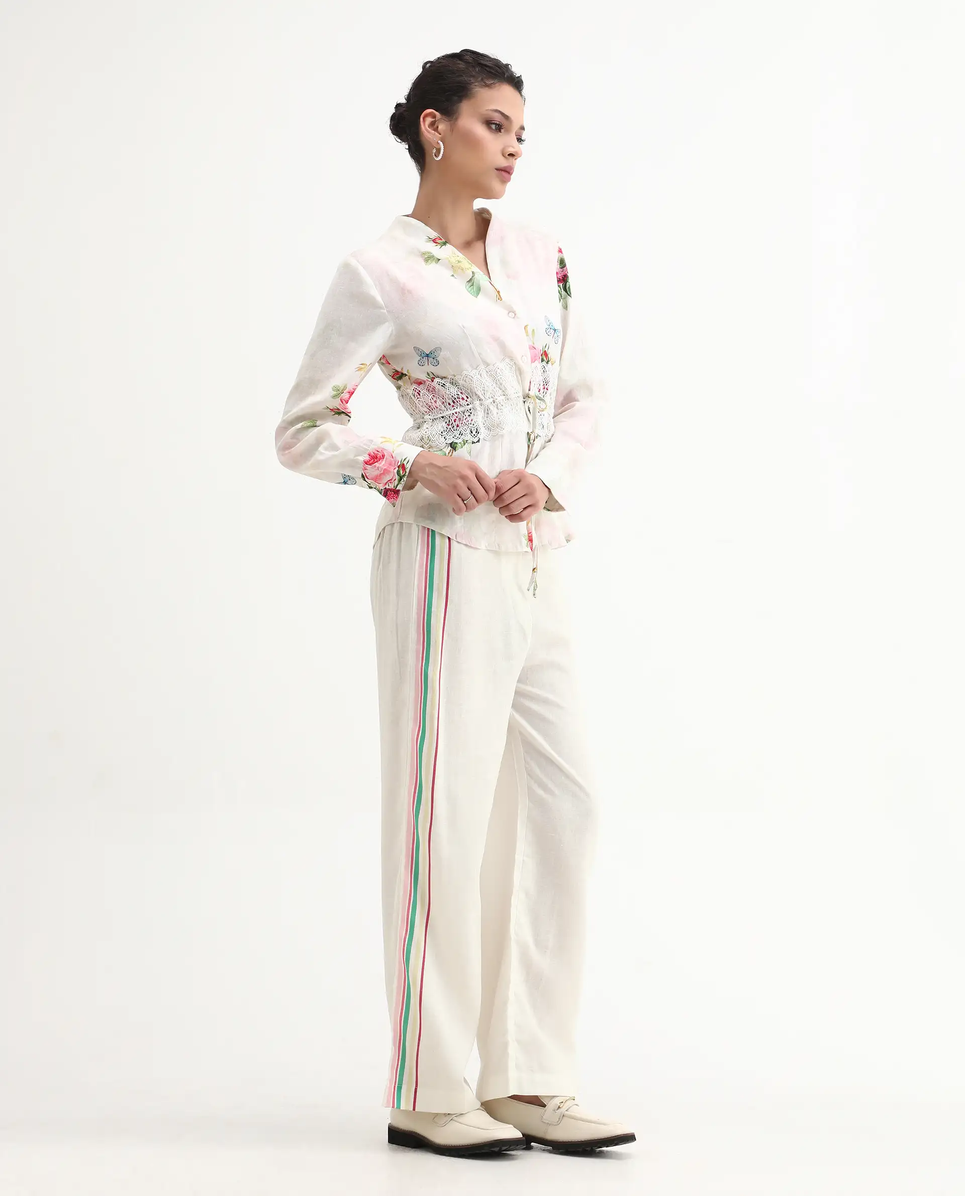 Rareism Women's Banche-B Off White Cotton Blend Floral Print Ankle Length Straight Fit Trouser - Image 5
