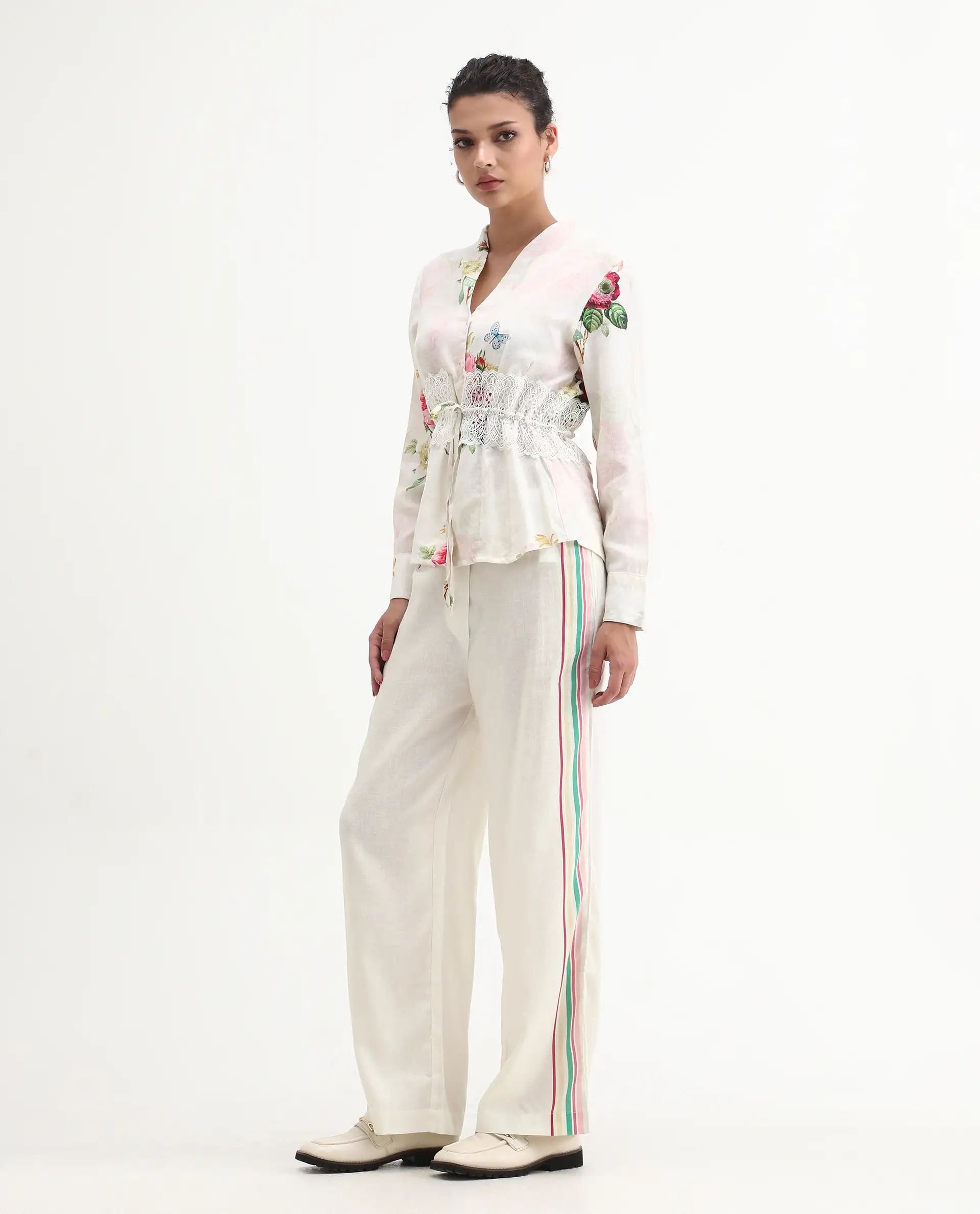 Rareism Women's Banche-B Off White Cotton Blend Floral Print Ankle Length Straight Fit Trouser - Image 6