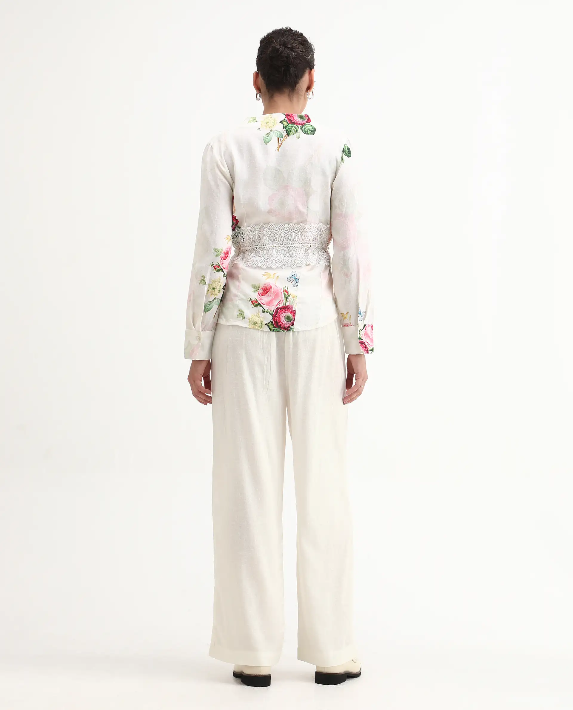Rareism Women's Banche-B Off White Cotton Blend Floral Print Ankle Length Straight Fit Trouser - Image 8