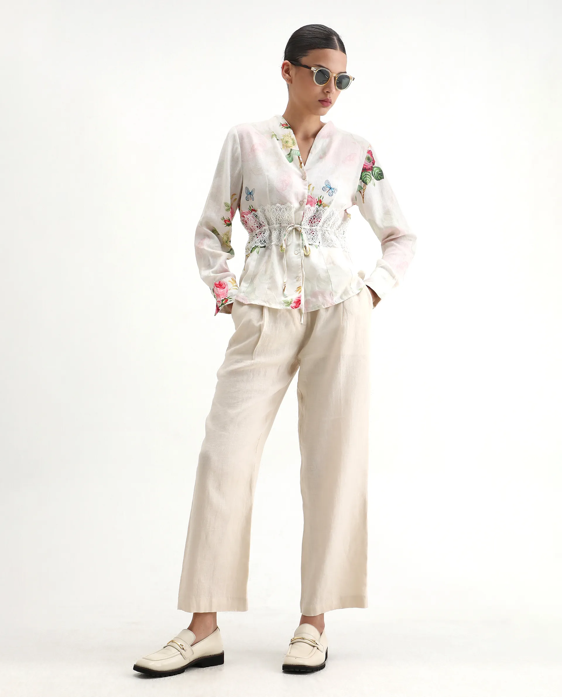 Rareism Women's Banche-T Off White Cotton Blend V-Neck Floral Print Cuffed Sleeve Regular Fit Top - Image 2