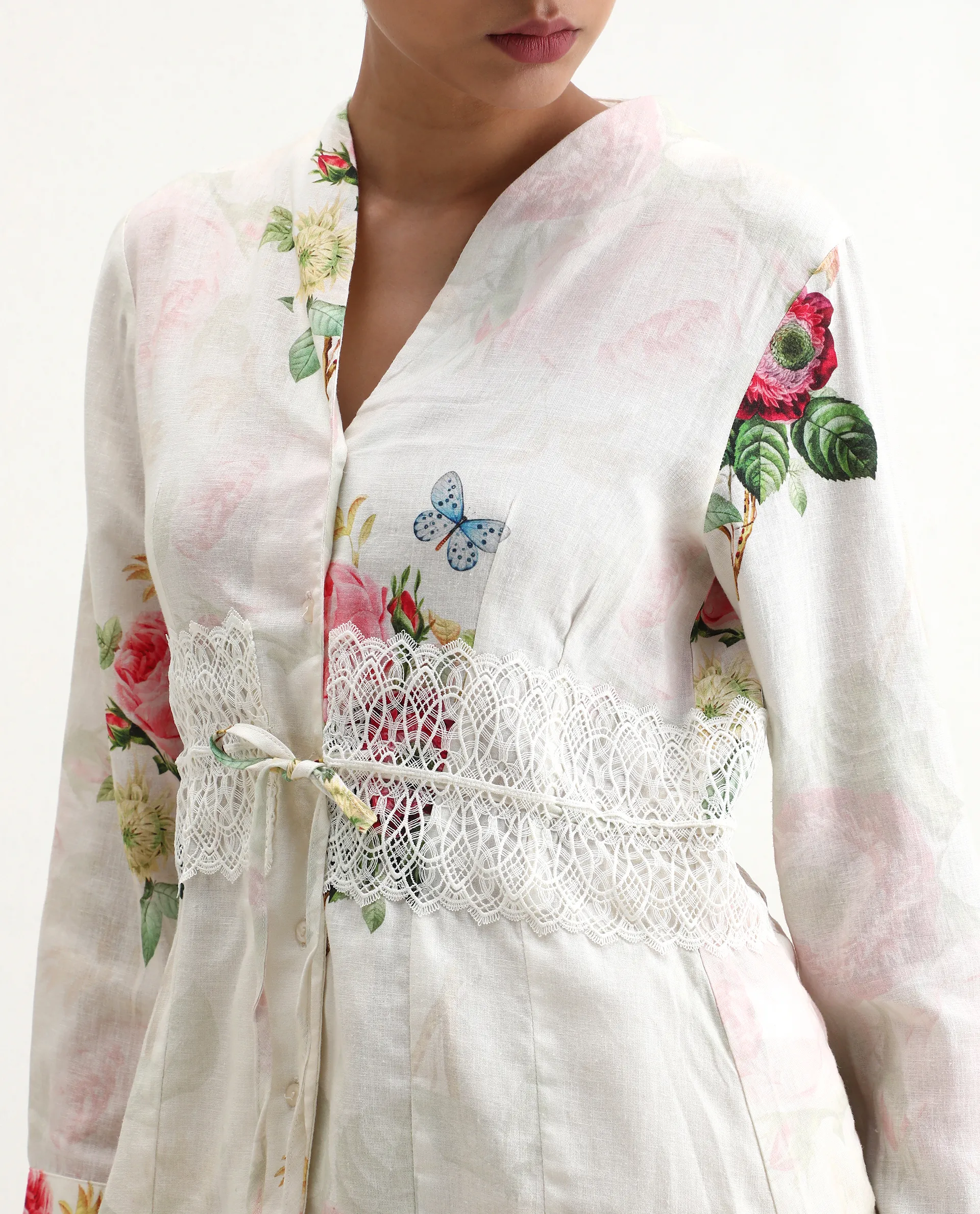 Rareism Women's Banche-T Off White Cotton Blend V-Neck Floral Print Cuffed Sleeve Regular Fit Top - Image 3