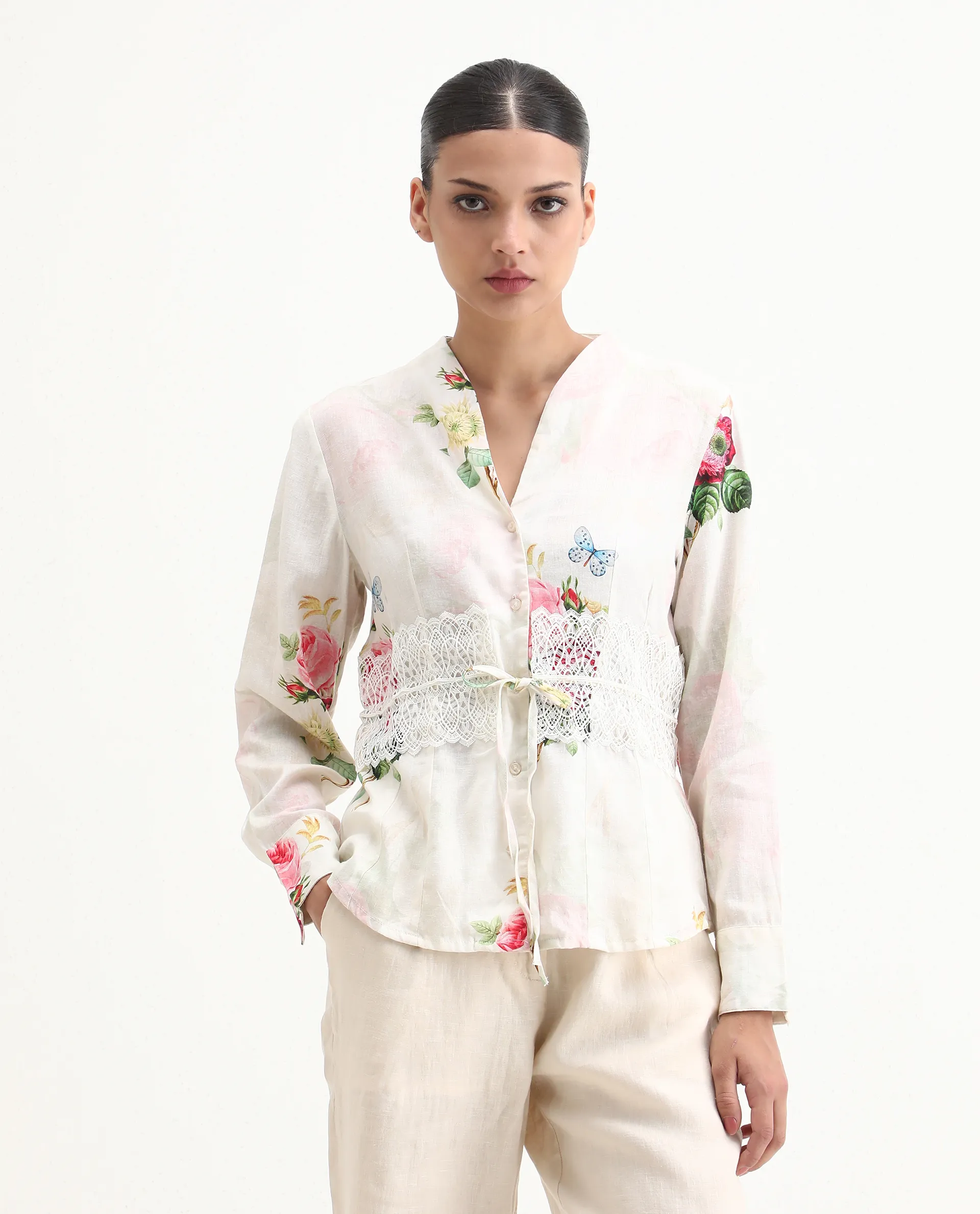 Rareism Women's Banche-T Off White Cotton Blend V-Neck Floral Print Cuffed Sleeve Regular Fit Top - Image 4