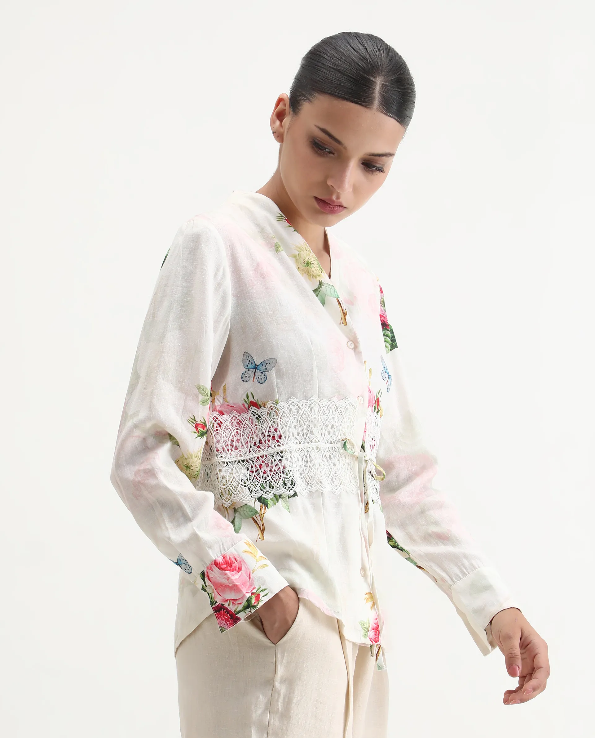 Rareism Women's Banche-T Off White Cotton Blend V-Neck Floral Print Cuffed Sleeve Regular Fit Top - Image 5