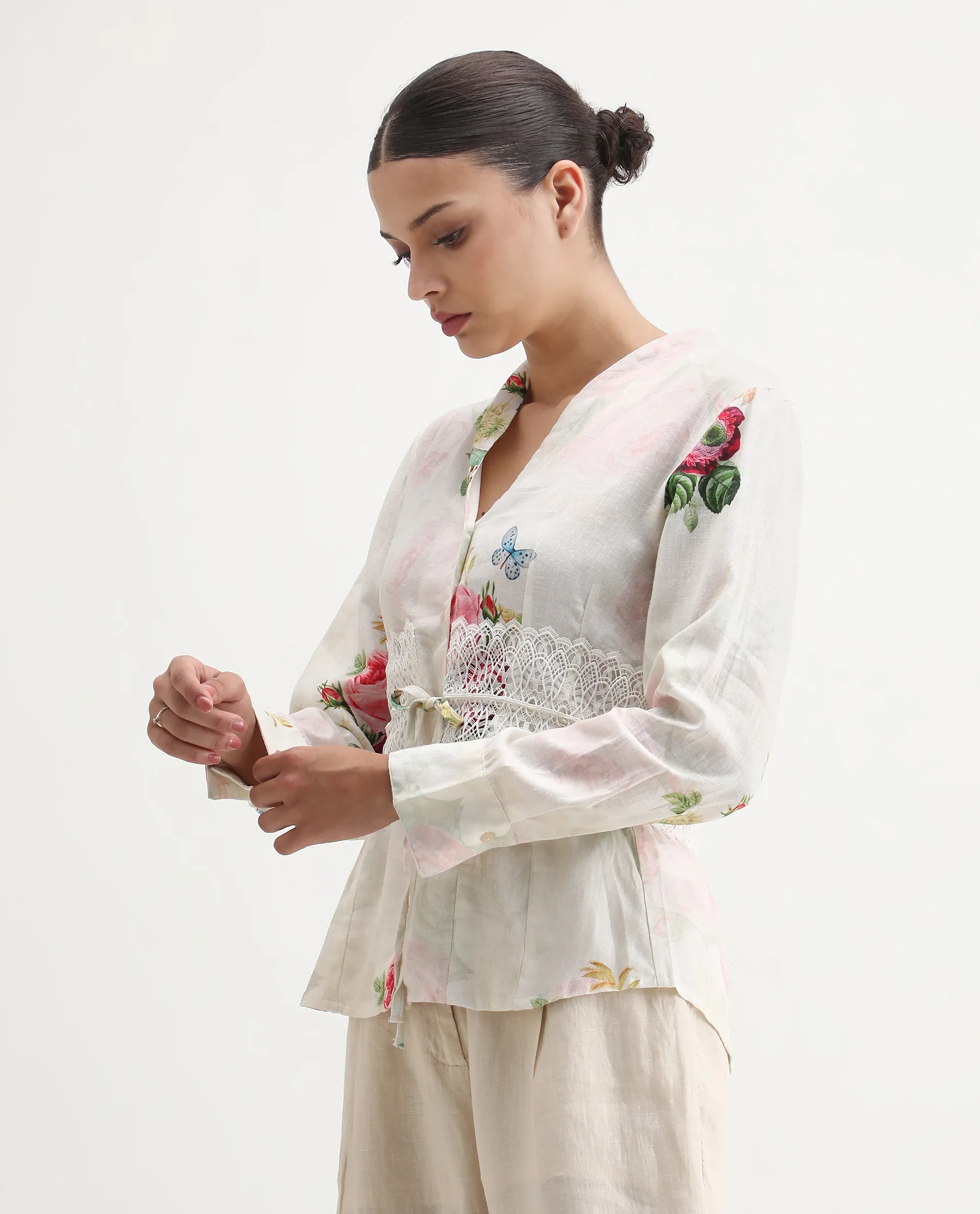 Rareism Women's Banche-T Off White Cotton Blend V-Neck Floral Print Cuffed Sleeve Regular Fit Top - Image 6