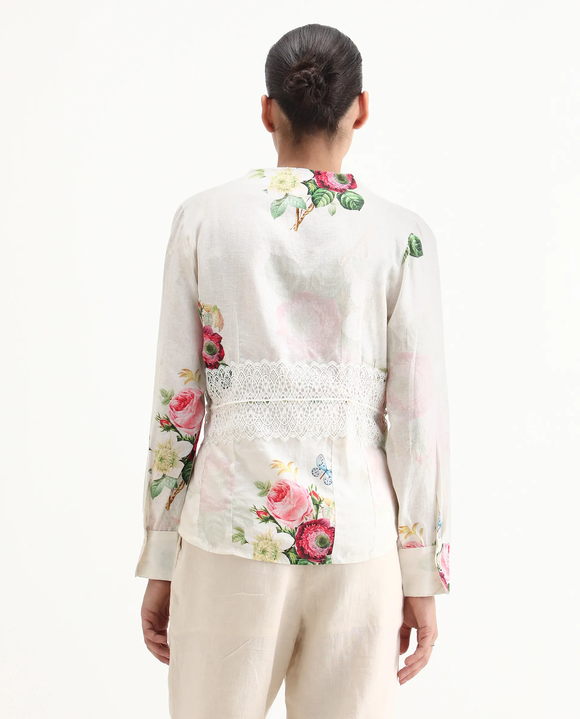 Rareism Women's Banche-T Off White Cotton Blend V-Neck Floral Print Cuffed Sleeve Regular Fit Top - Image 7