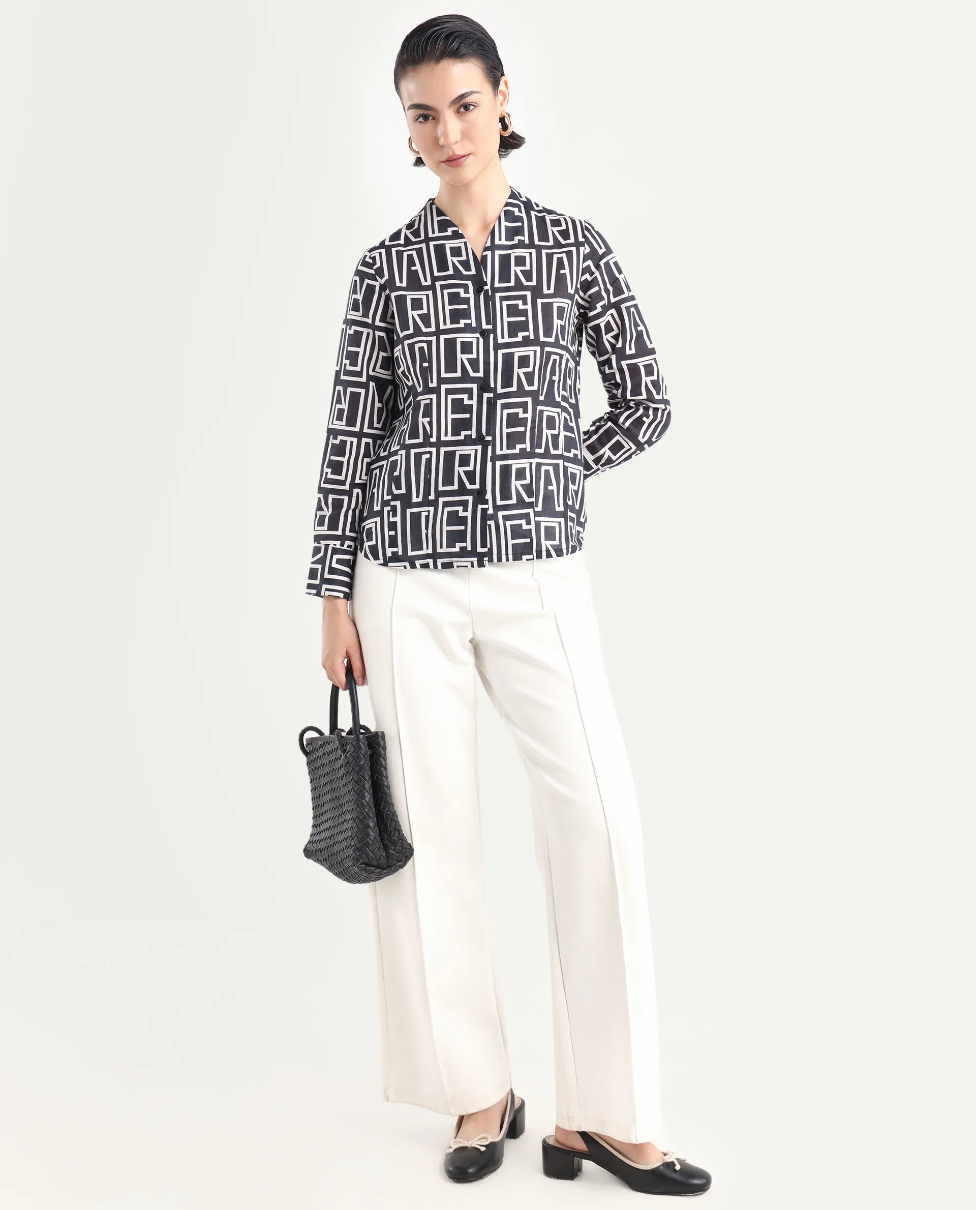 Rareism Women's Bancheo Black Cotton Blend V-Neck Monogram Print Cuffed Sleeve Regular Fit Shirt - Image 2