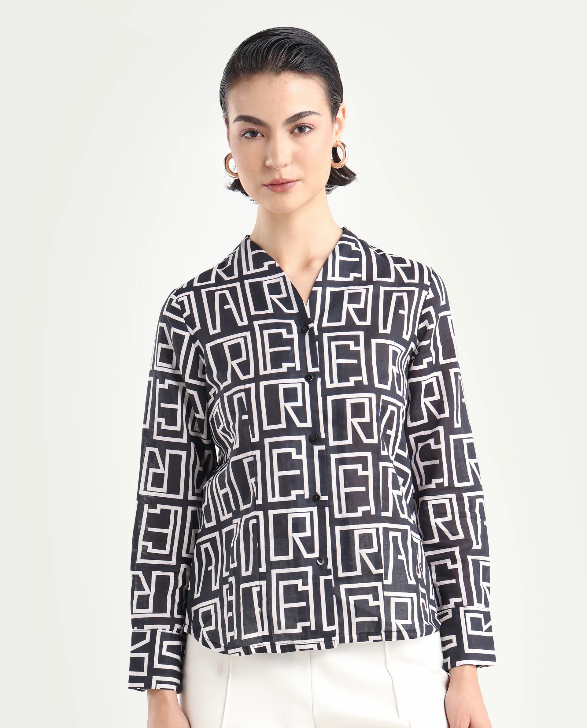 Rareism Women's Bancheo Black Cotton Blend V-Neck Monogram Print Cuffed Sleeve Regular Fit Shirt - Image 3