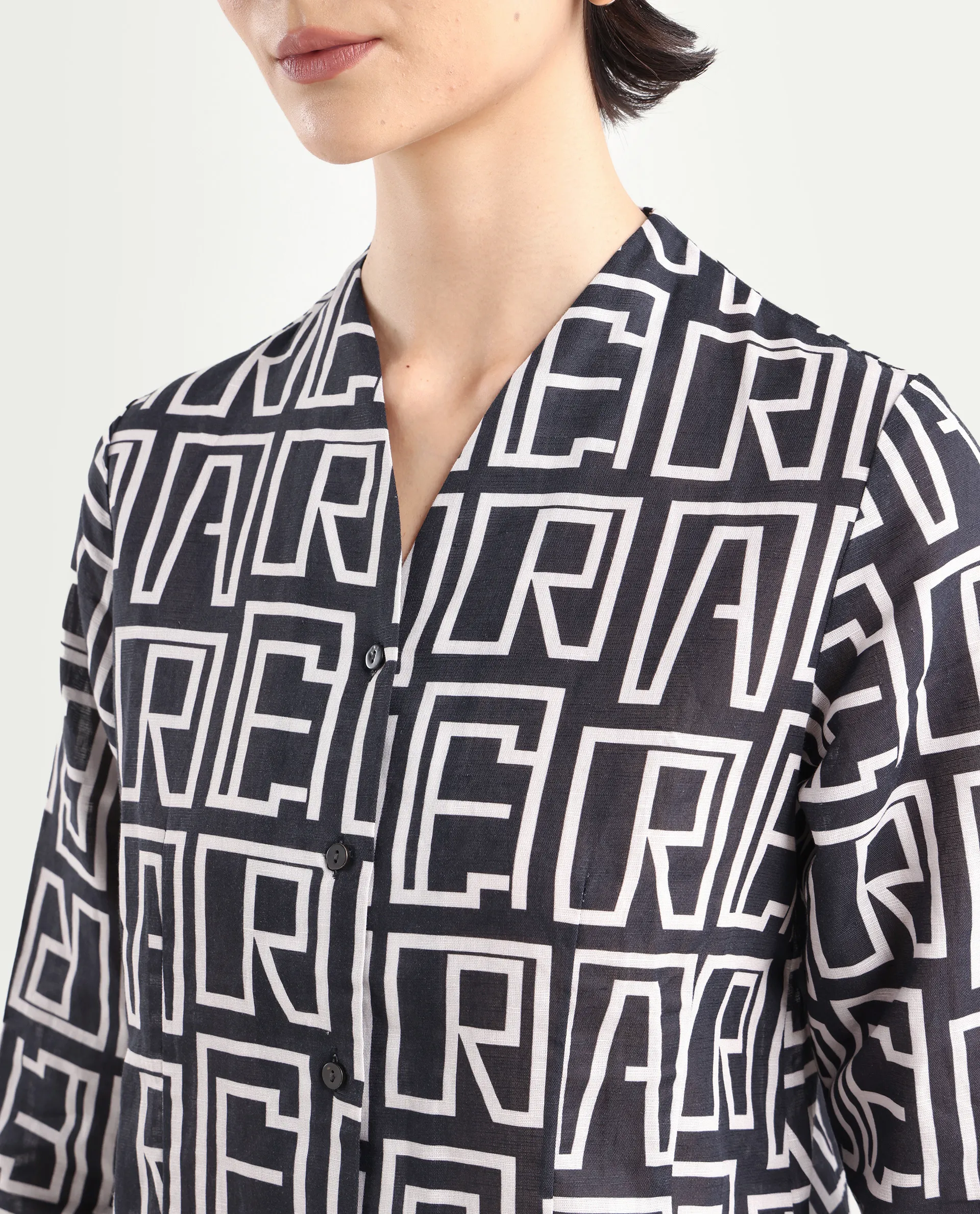 Rareism Women's Bancheo Black Cotton Blend V-Neck Monogram Print Cuffed Sleeve Regular Fit Shirt - Image 4