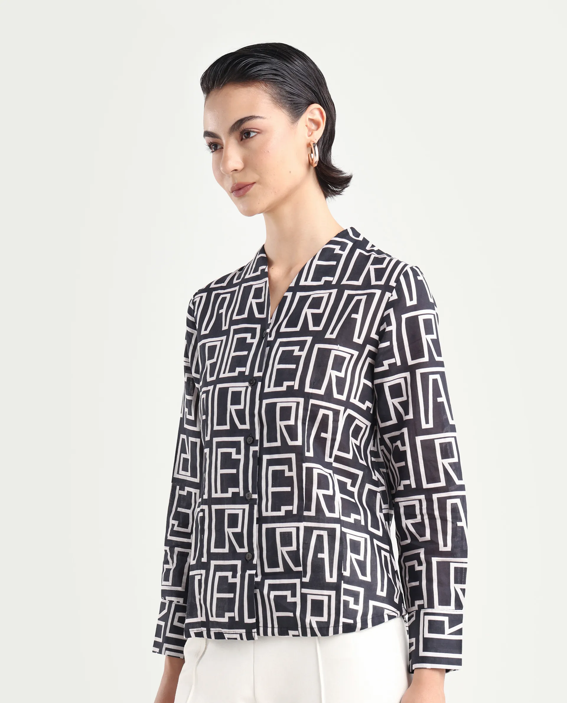 Rareism Women's Bancheo Black Cotton Blend V-Neck Monogram Print Cuffed Sleeve Regular Fit Shirt - Image 5