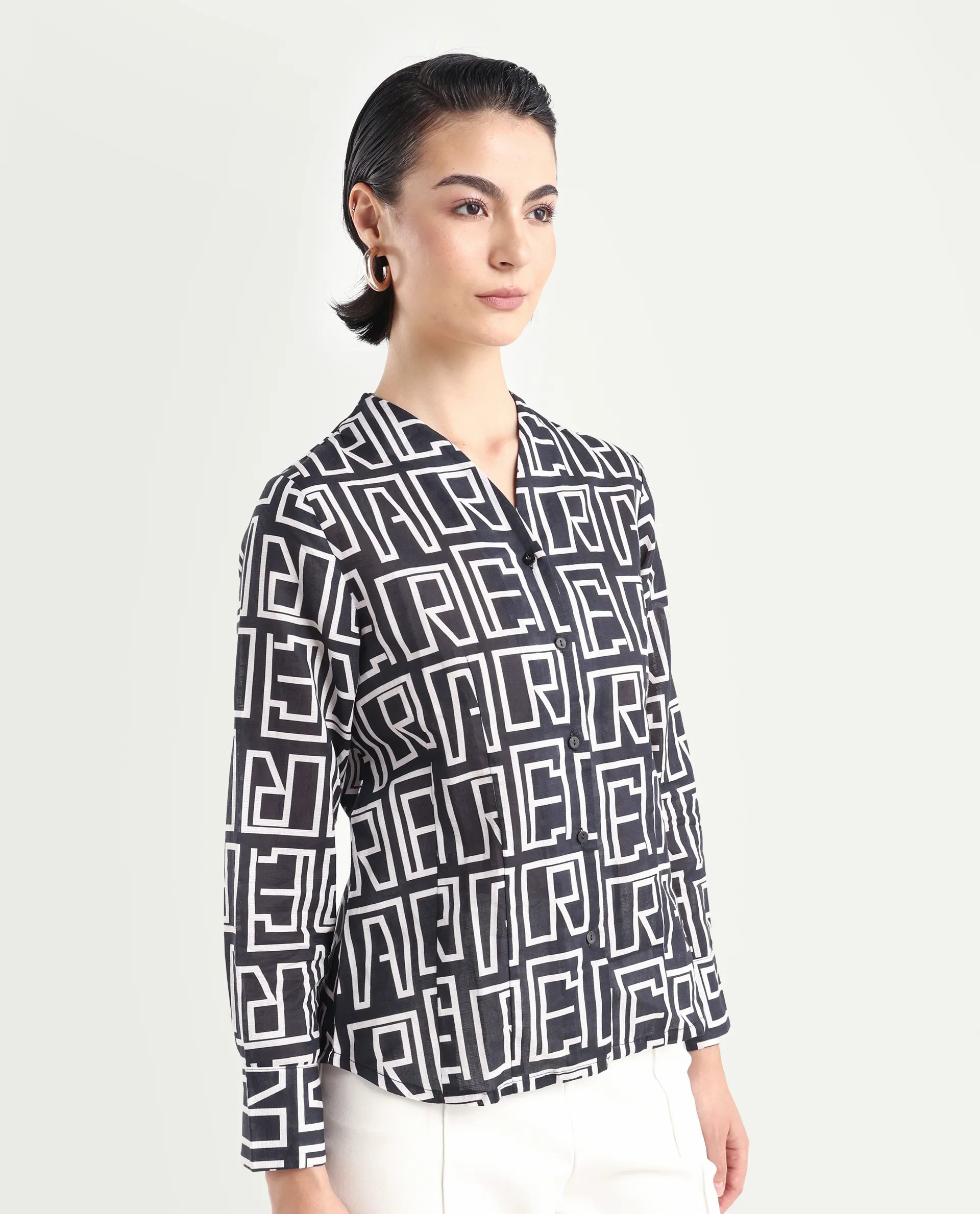 Rareism Women's Bancheo Black Cotton Blend V-Neck Monogram Print Cuffed Sleeve Regular Fit Shirt - Image 6