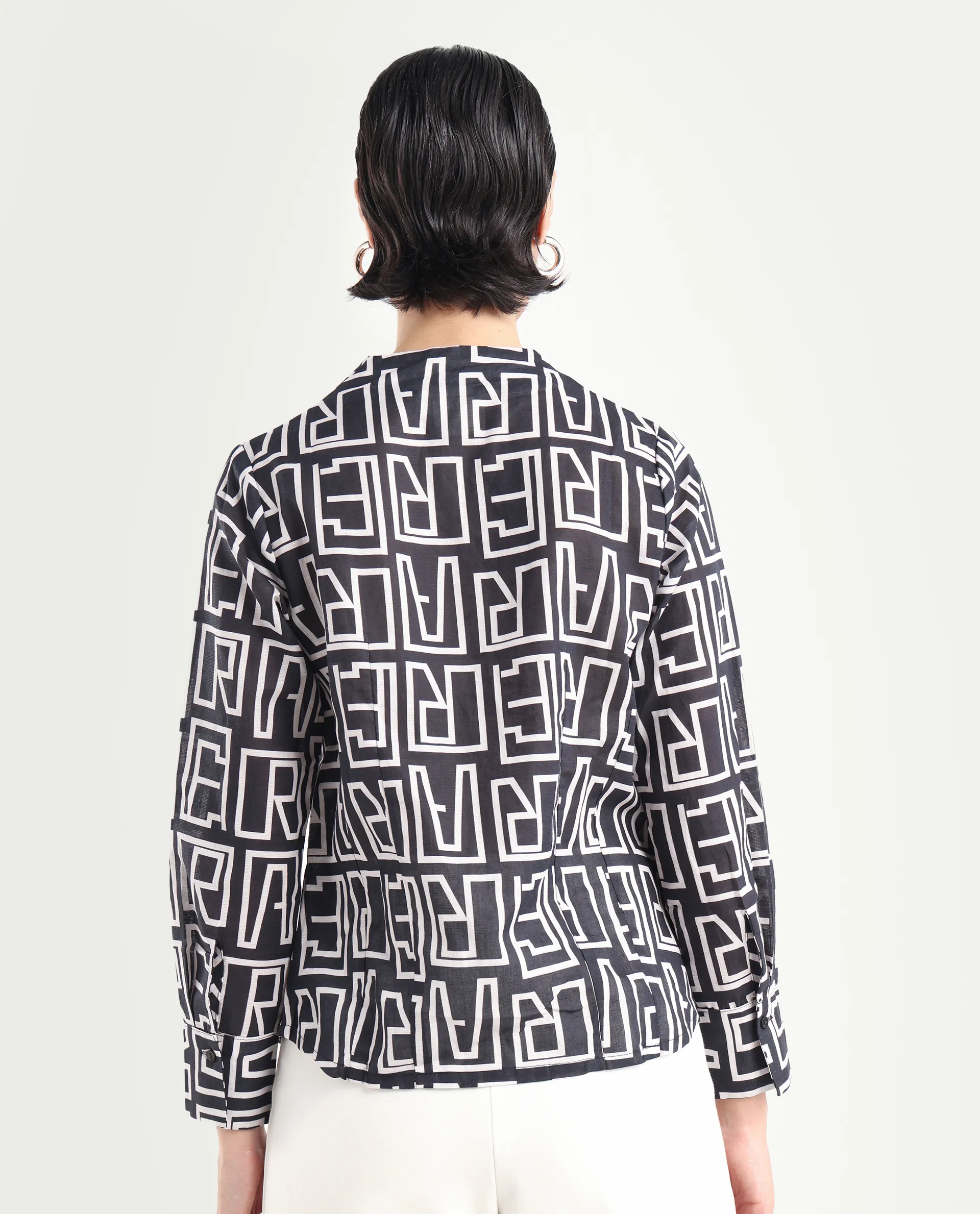 Rareism Women's Bancheo Black Cotton Blend V-Neck Monogram Print Cuffed Sleeve Regular Fit Shirt - Image 7