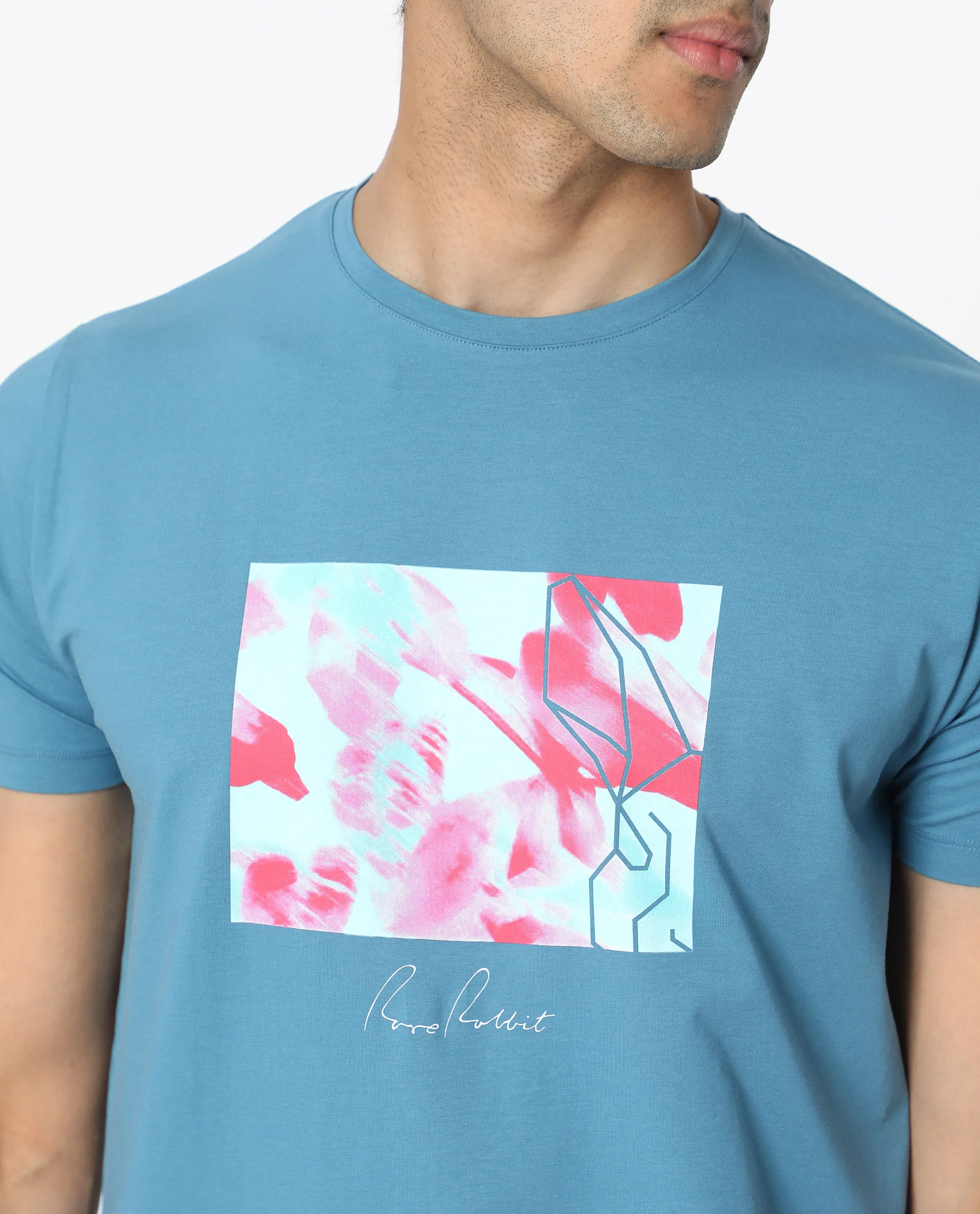 Rare Rabbit Men's Banday Blue Cotton Graphic Print Slim Fit Half Sleeve Crew Neck T-Shirt - Image 2