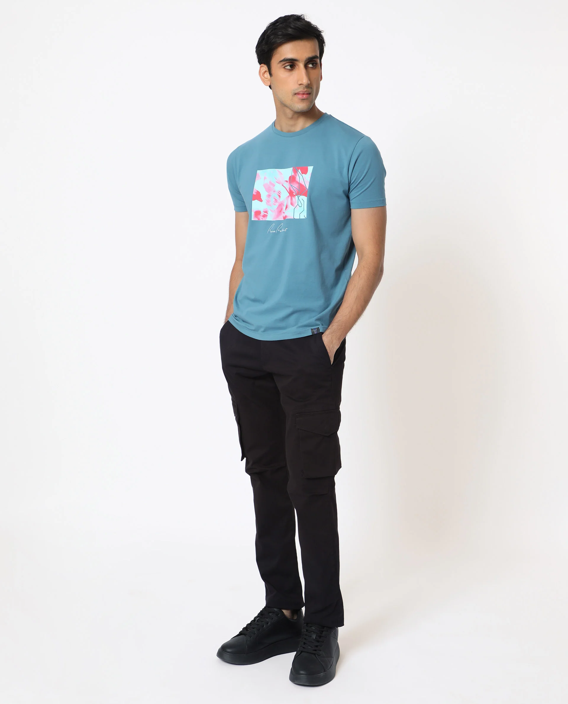 Rare Rabbit Men's Banday Blue Cotton Graphic Print Slim Fit Half Sleeve Crew Neck T-Shirt - Image 3
