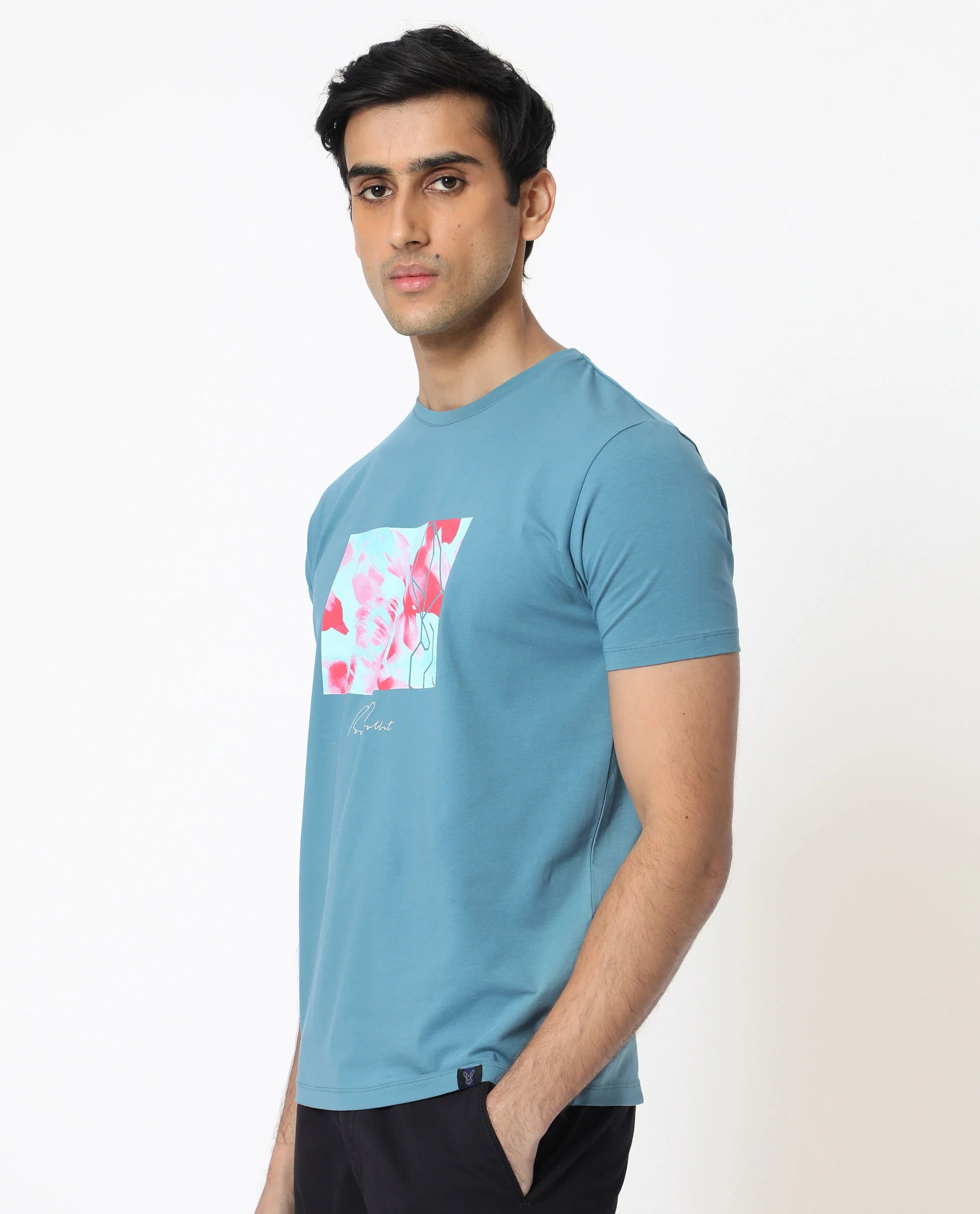 Rare Rabbit Men's Banday Blue Cotton Graphic Print Slim Fit Half Sleeve Crew Neck T-Shirt - Image 4